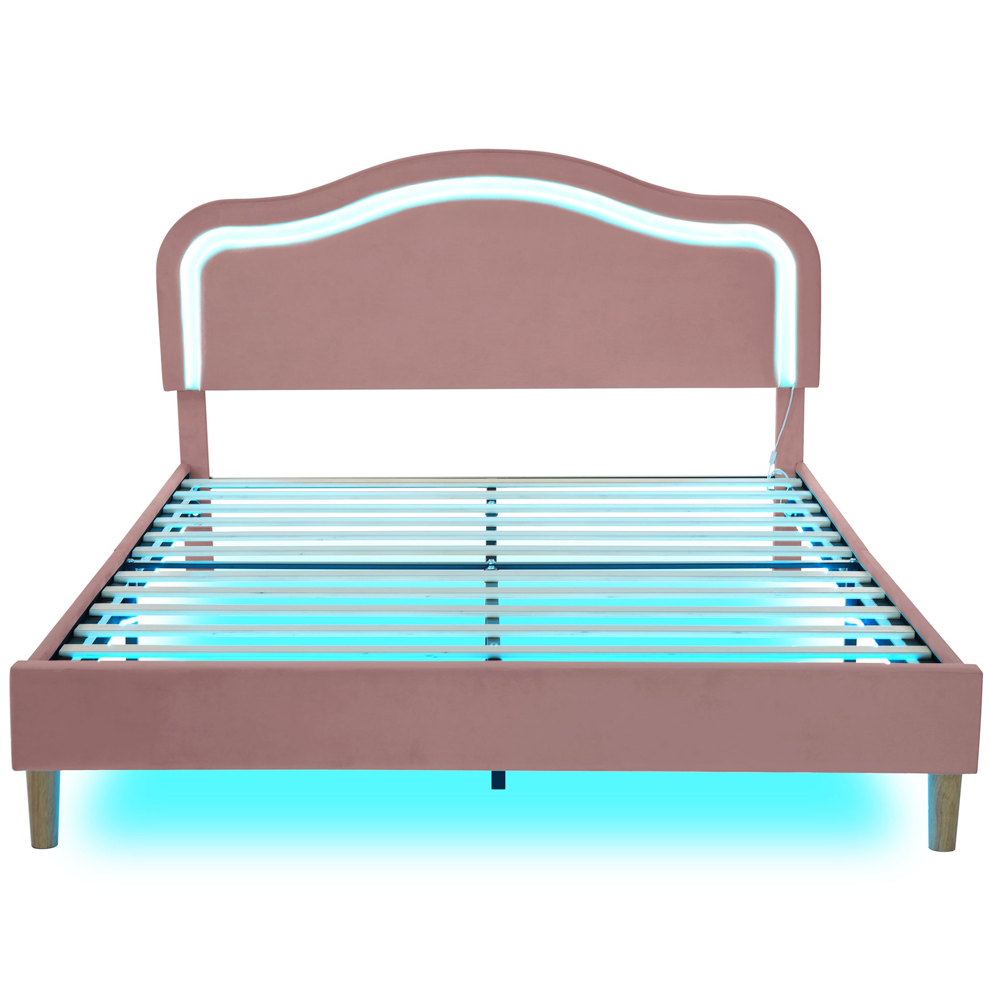 Queen Size Velvet Upholstered Smart Led Bed Frame With Adjustable Height Headboard,No Box Spring Needed,Easy Assembly,Pink Box Spring Not Required Queen Pink Wood Bedroom Cute,Modern Bed Frame Wood