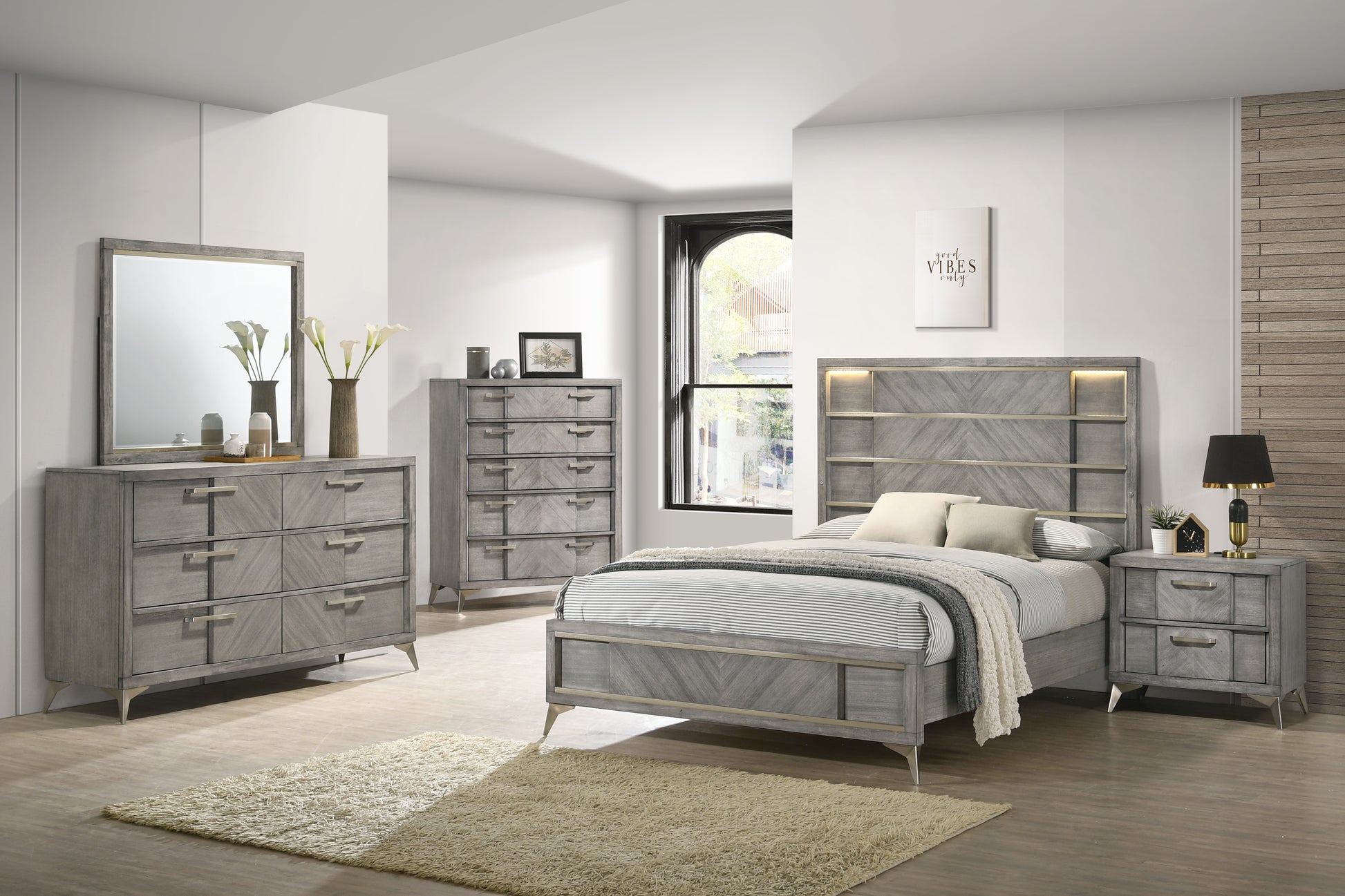 6 Drawer Dresser In Gray Book Matched Veneers Gray Solid Wood Mdf