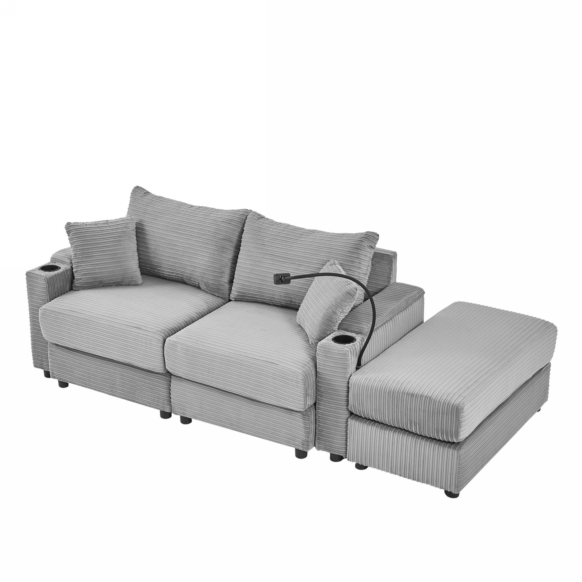 72.8" Modern Style Loveseat Sofa Sectional Sofa Couch With Storage Space, A Movable Ottoman, Two Usb Ports, Two Cup Holders, A Phone Holder For Living Room, Gray Gray Foam Corduroy 3 Seat