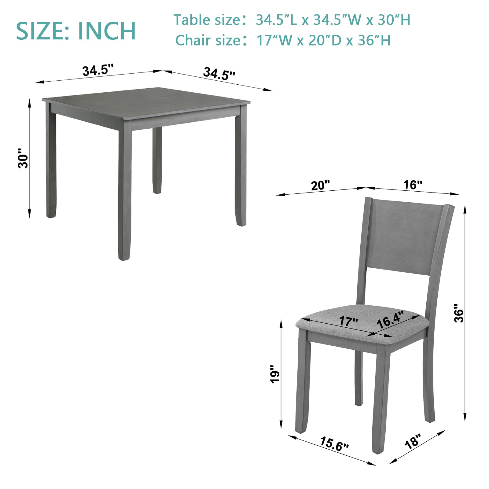 5 Piece Modern Dining Set, Square Wooden Dining Table With 4 Upholstered Chairs For Kitchen, Dining Room, Gray Wood Gray Seats 4 Gray Wood Dining Room Acacia 4 Leg Square Dining Table With Chair Acacia Wood