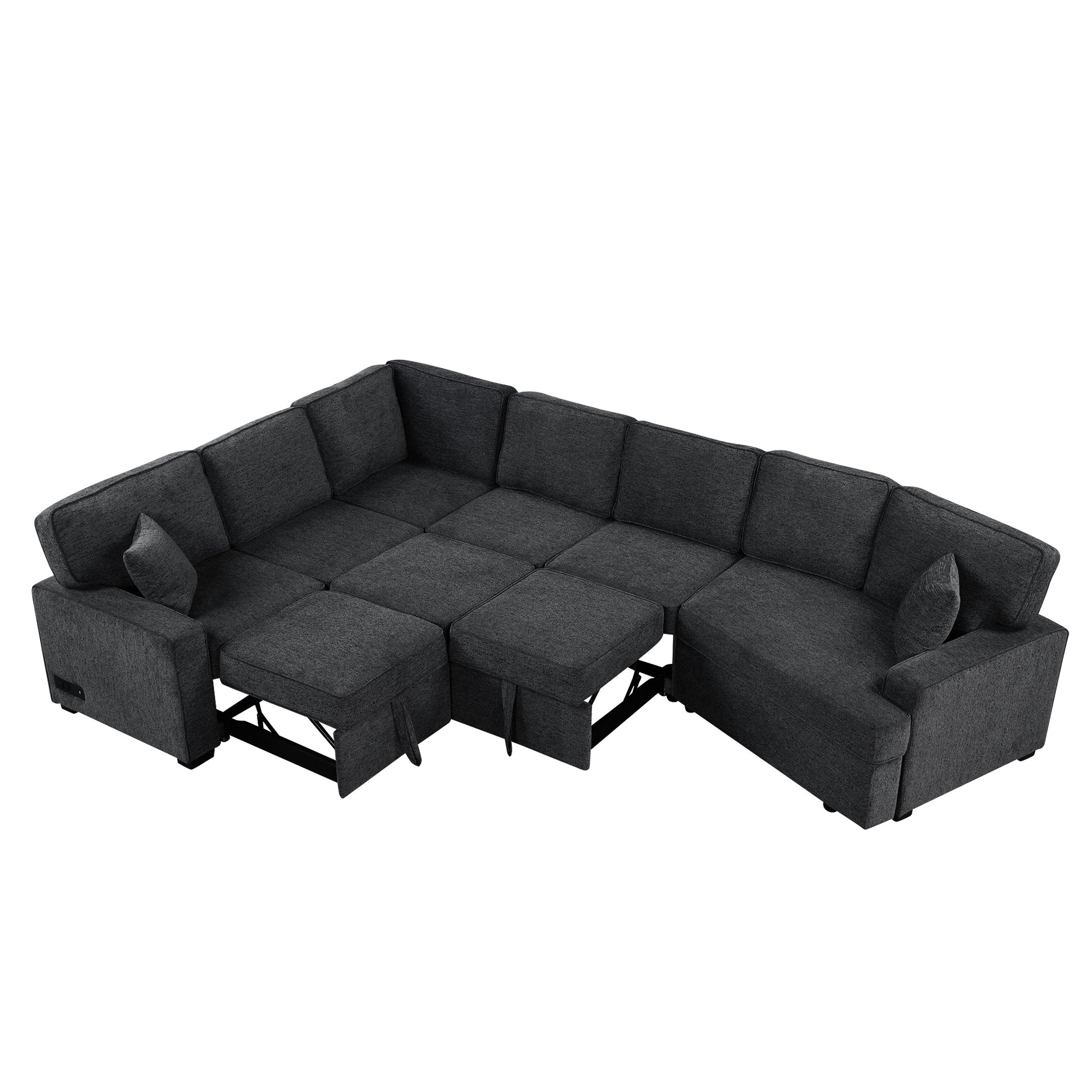 126" L Shaped Sofa Sectional Sofa Couch Pull Out Sofa Bed With Charging Devices And Cup Holders For Living Room, Blue Black Black Blue Foam Chenille 6 Seat