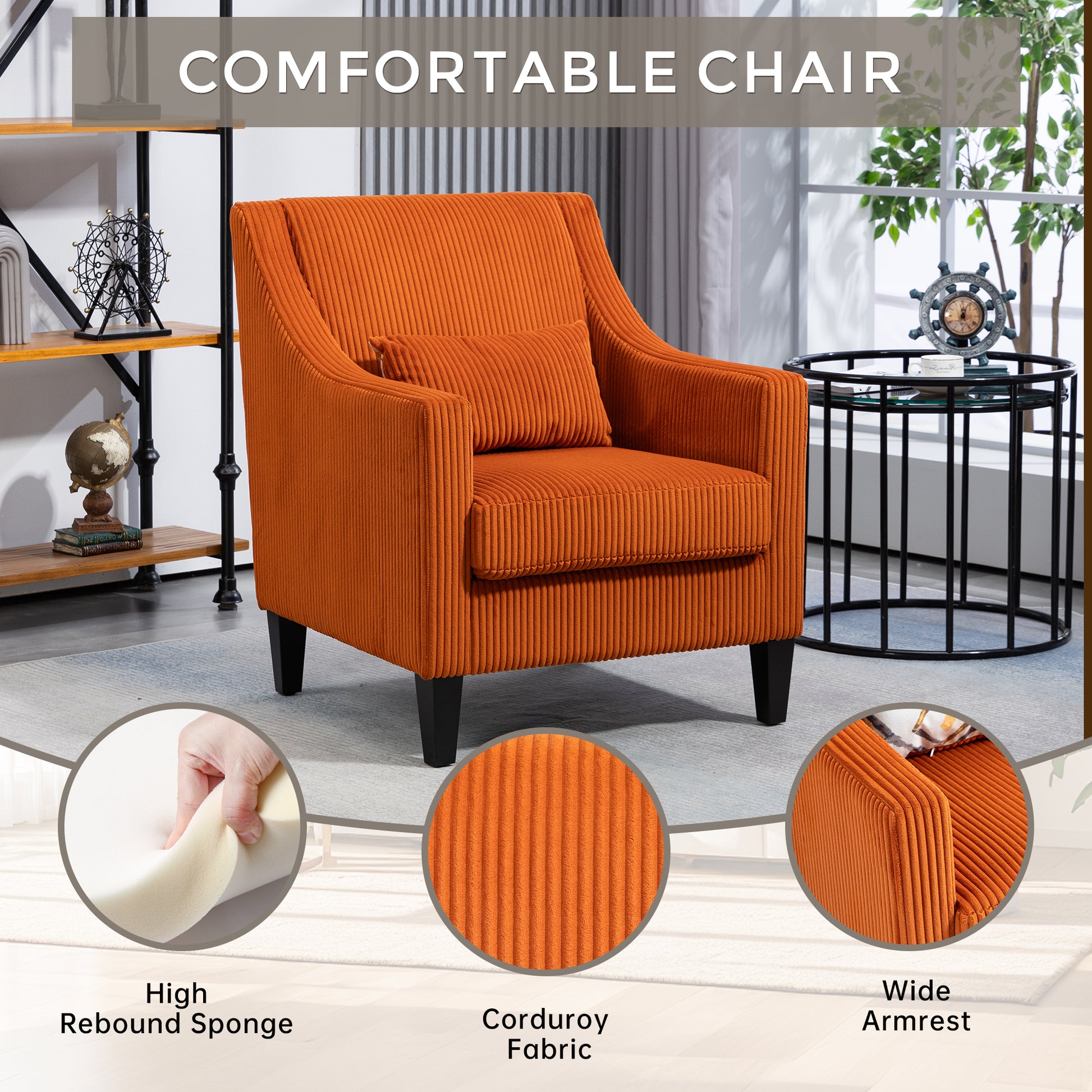 Coolmore Modern Accent Chair,Upholstered Armchair With Scooped Arms For Bedroom,Apartment,Studio,Office,Waiting Room Orange Corduroy Orange Primary Living Space Foam Corduroy