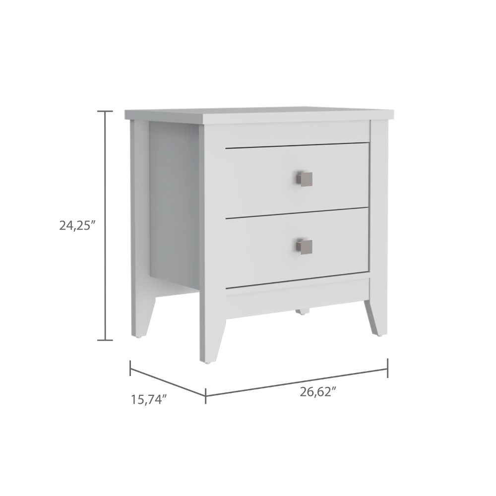 Nightstand 24"H, Two Drawers, Four Legs, Superior Top, White White Particle Board Particle Board