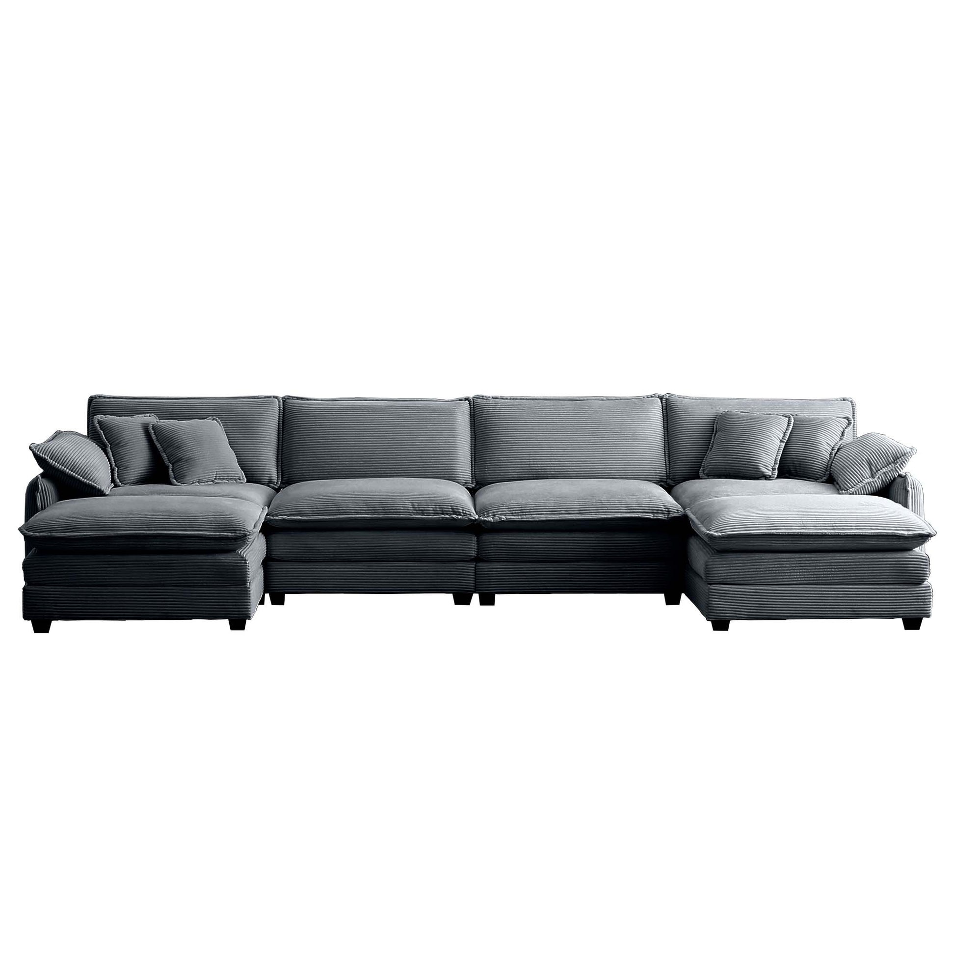 Over Size U Shape Corduroy Sofamodern Upholstered 4 Seater Sofa With 2 Ottomans, Premium Soft Corduroy Fabric Sofa Grey Corduroy 4 Seat