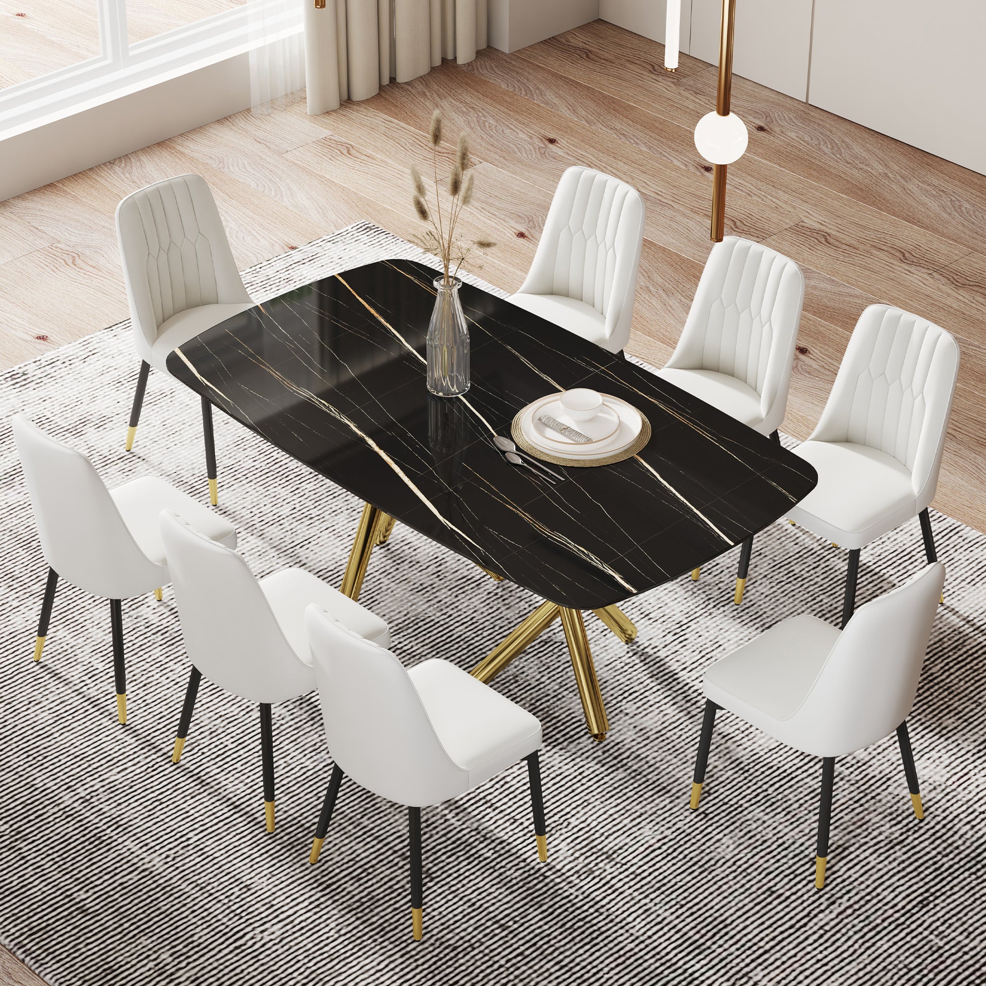 Large Modern Minimalist Rectangular Dining Table With 0.39 "Imitation Marble Black Tabletop And Golden Metal Legs, Paired With Chairs With Pu Cushions And Black Metal Legs. F 1538 C 007 Black Gold Glass Metal