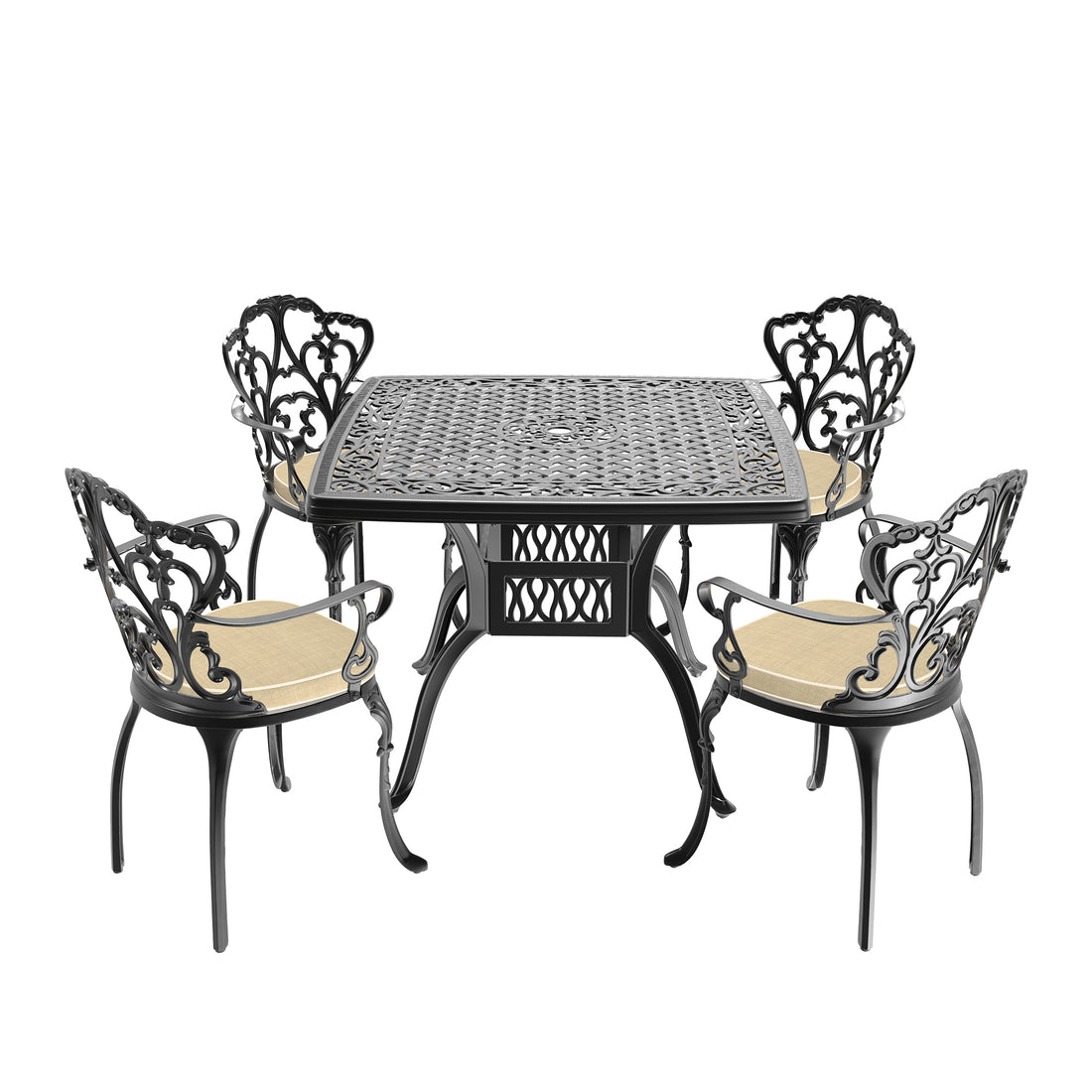 Cushions In Random Colors 5 Piece Set Of Cast Aluminum Patio Furniture With Cushions Yes Dining Set Black Seats 4 Rust Resistant Frame Water Resistant Cushion Garden & Outdoor Complete Patio Sets Aluminium