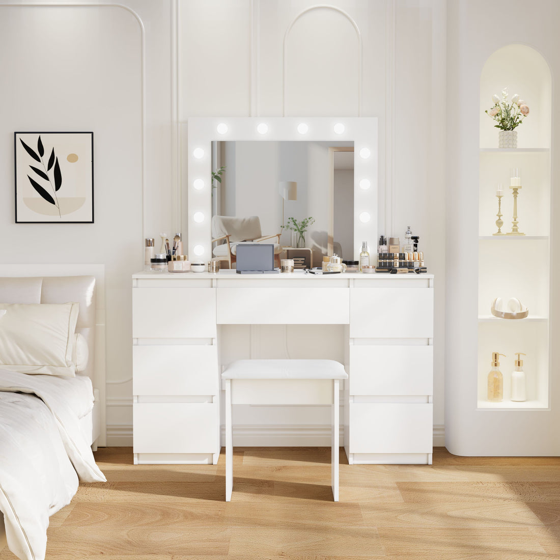 Large White Vanity Tables With Mirror And Light Matte White White Drawer 5 Drawers & Above Bedroom Extra Deep Drawers Modern 2 Or Less Poplar Mirror Included White Particle Board Mdf