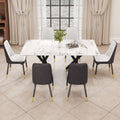 1 Table And 6 Chairs. A Rectangular Dining Table With A White Imitation Marble Tabletop And Black Metal Legs. Paired With 6 Chairs, Equipped With Pu Leather Seat Cushions And Black Metal Legs. F 1538 Black Glass Metal