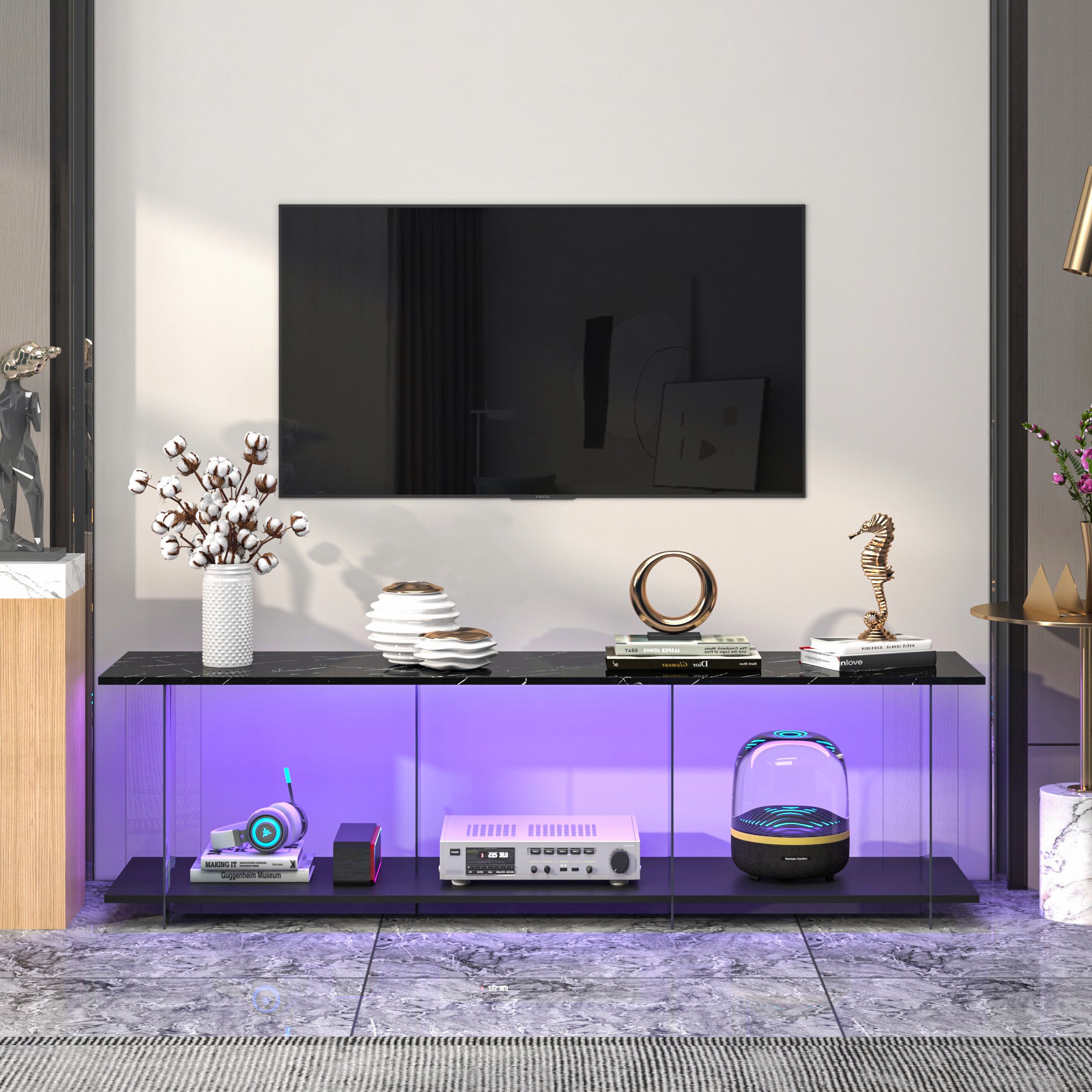 Tv Stand, Tv Cabinet, Yakeli Partition Tv Cabinet, Table Imitation Marble Pattern, Can Do Tv Cabinet Can Also Do Side Cabinets, Can Be Placed In The Lounge, Living Room Or Bedroom, Color: Black Black Primary Living Space 60 69 Inches 60 69 Inches Classic