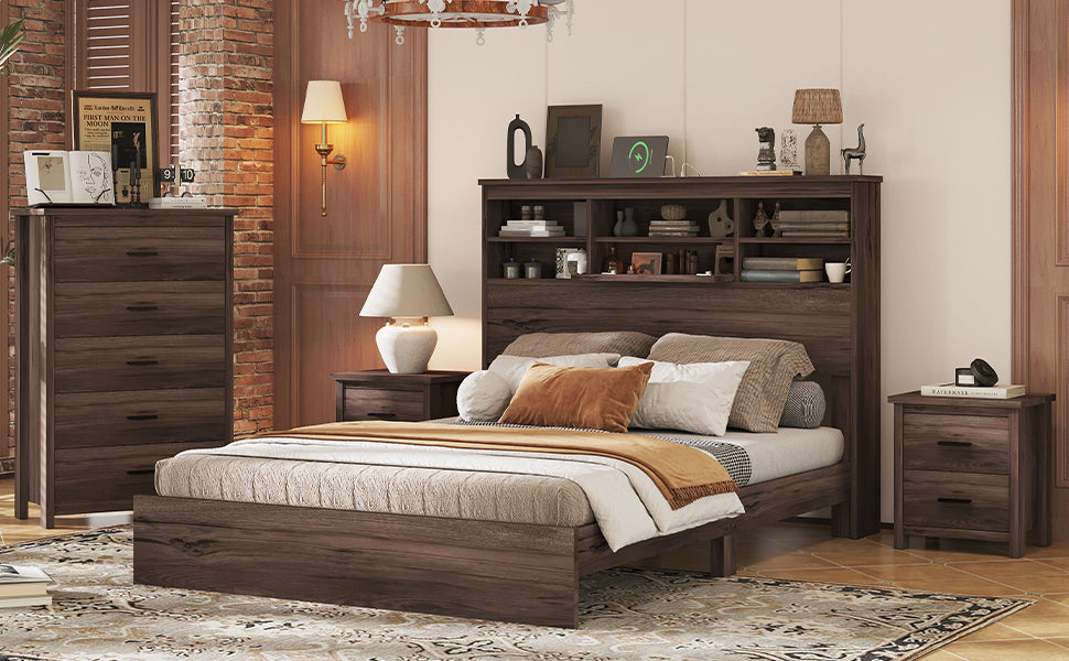 4 Pieces Bedroom Sets Queen Size Vintage Wooden Bed Frame With 2 Nightstands And 1 Dresser,Dark Walnut Box Spring Not Required Queen Walnut 4 Piece Set American Traditional Solid Wood Mdf