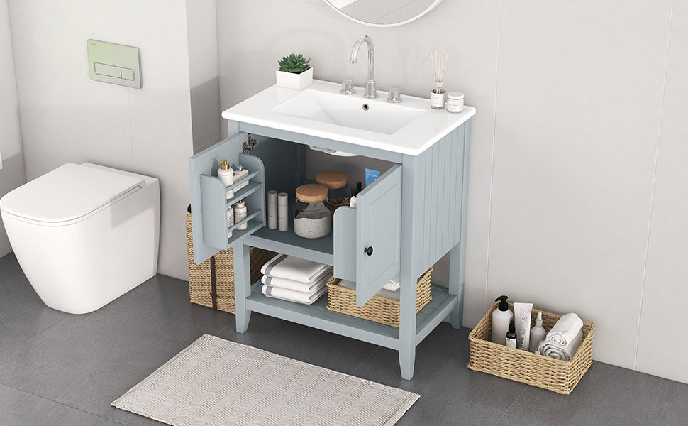 30" Gray Modern Sleek Bathroom Vanity Elegant Ceramic Sink With Solid Wood Frame Open Style Shelf & Door Shelf Design Gray Solid Wood