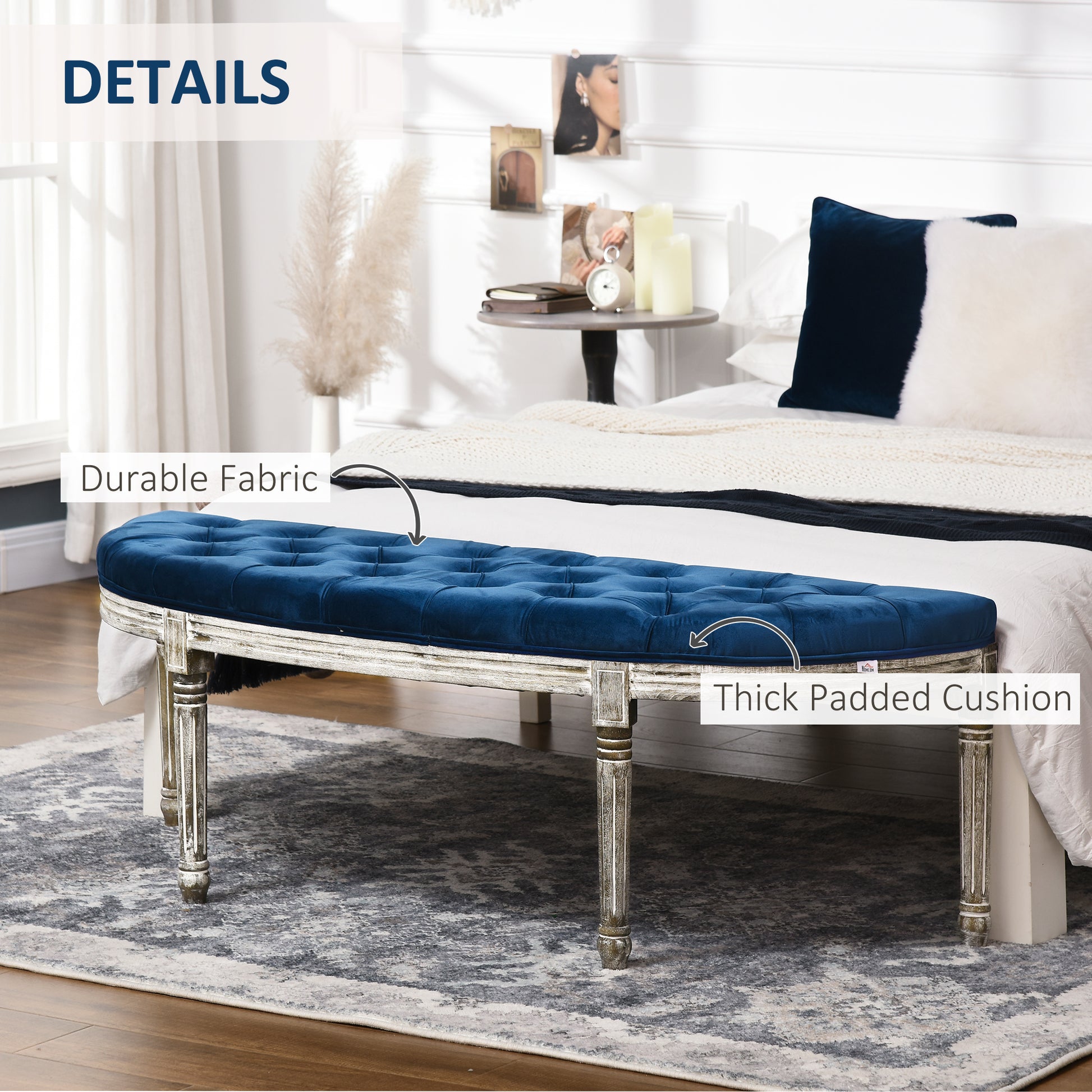 Homcom Vintage Semi Circle End Of Bed Bench, Upholstered Bedroom Entryway Bench With Tufted Velvet Touch Fabric With Rubberwood Legs, Blue Blue Polyester