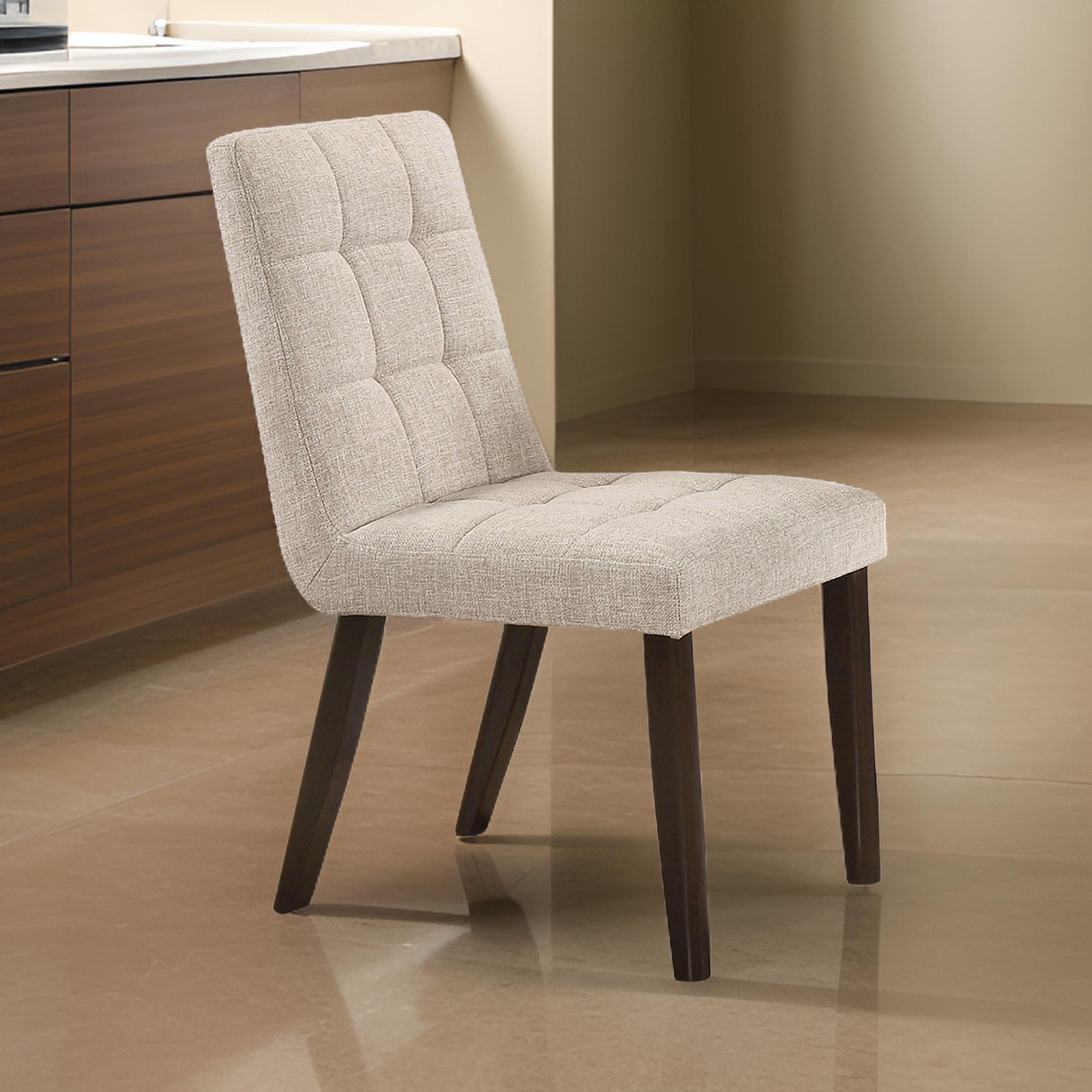 Sels 18 Inch Side Chair, Set Of 2, Beige Fabric, Grid Tufting, Brown Legs Beige Brown Solid Wood