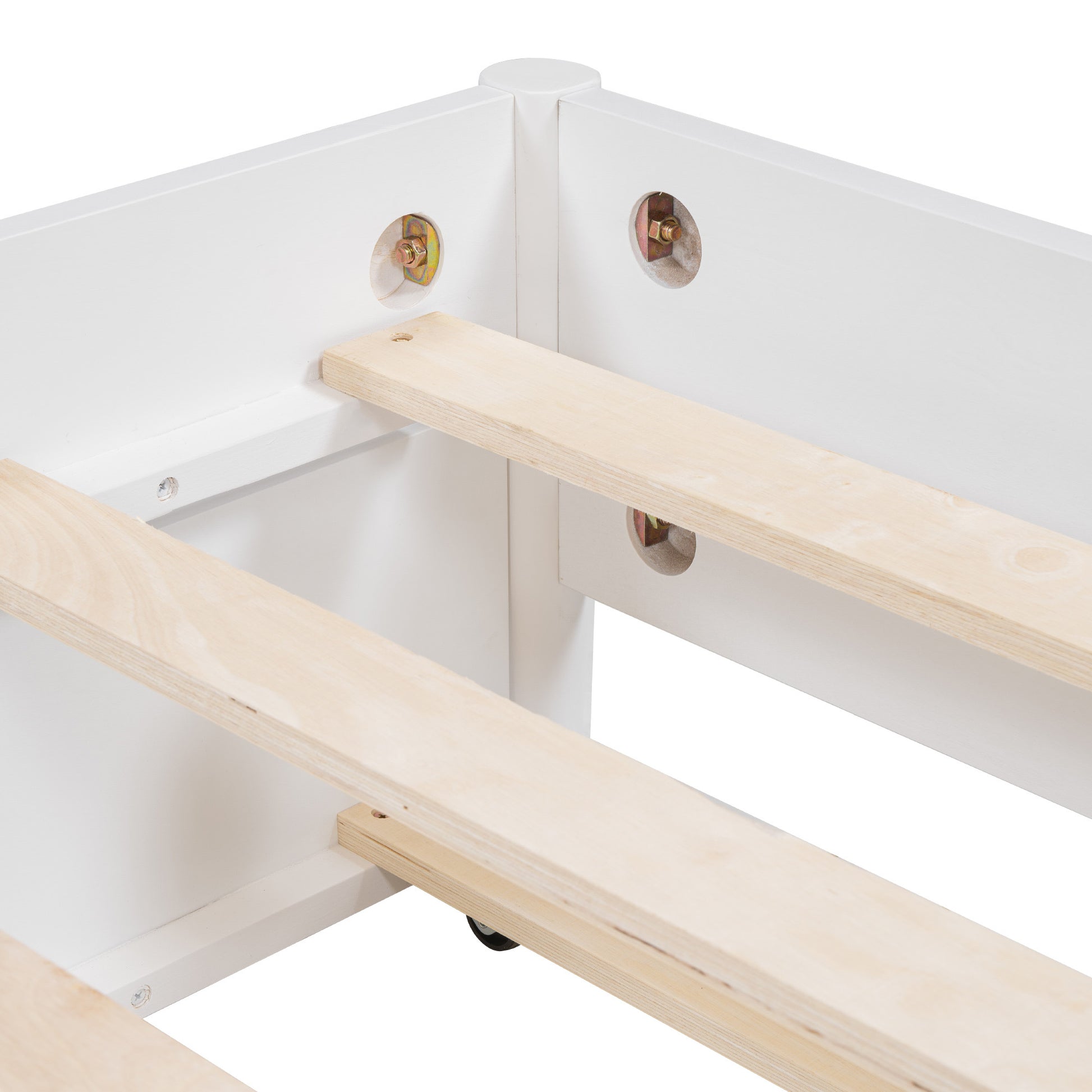 Queen Size Wooden Rattan Platform Bed, With 2 Big Drawers, T Size Trundle, White Queen White Plywood