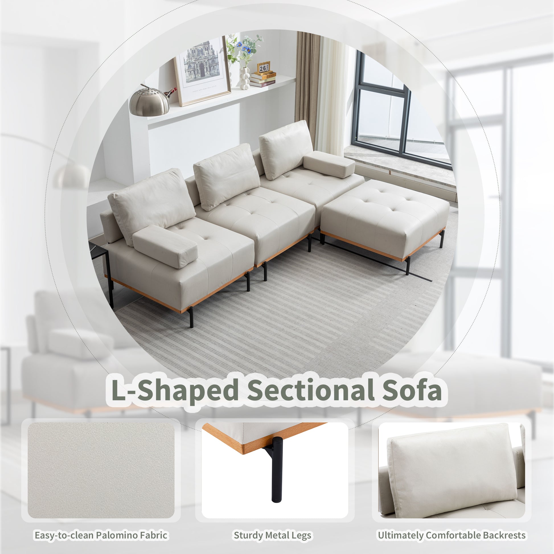 100.7'' L Shape Sectional Sofa 3 Seater Couches With A Removable Ottoman, Comfortable Fabric For Living Room, Apartment, Beige Beige Foam Palomino Fabric 4 Seat