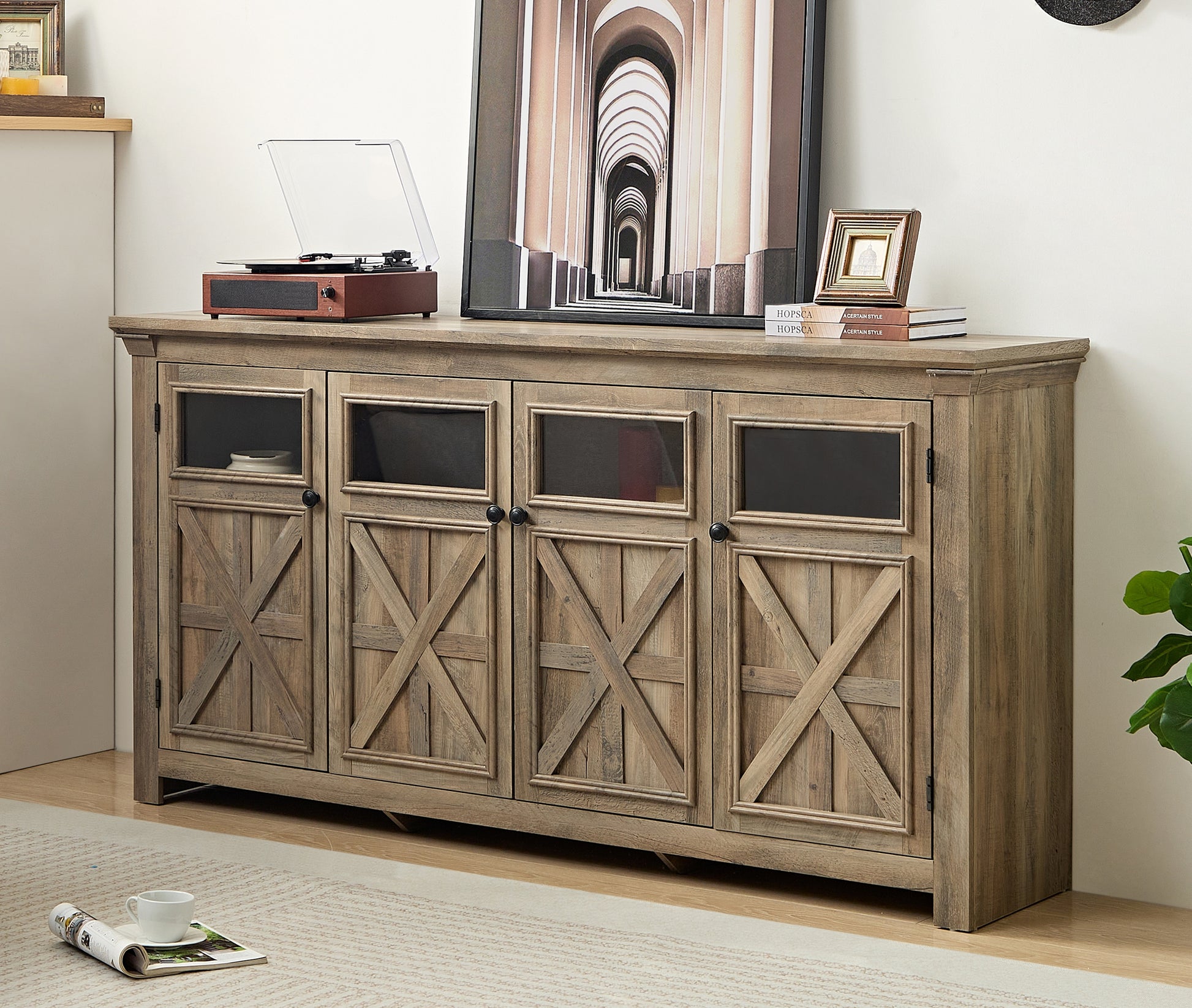 Farmhouse Sideboard Buffet Cabinet With Storage With 4 Doors, Kitchen Storage Cabinet, Coffee Bar Cabinet With Adjustable Shelf For Kitchen, Living Room, L68.35''*W15.35"*H34.65",Gray Wash Gray Wash