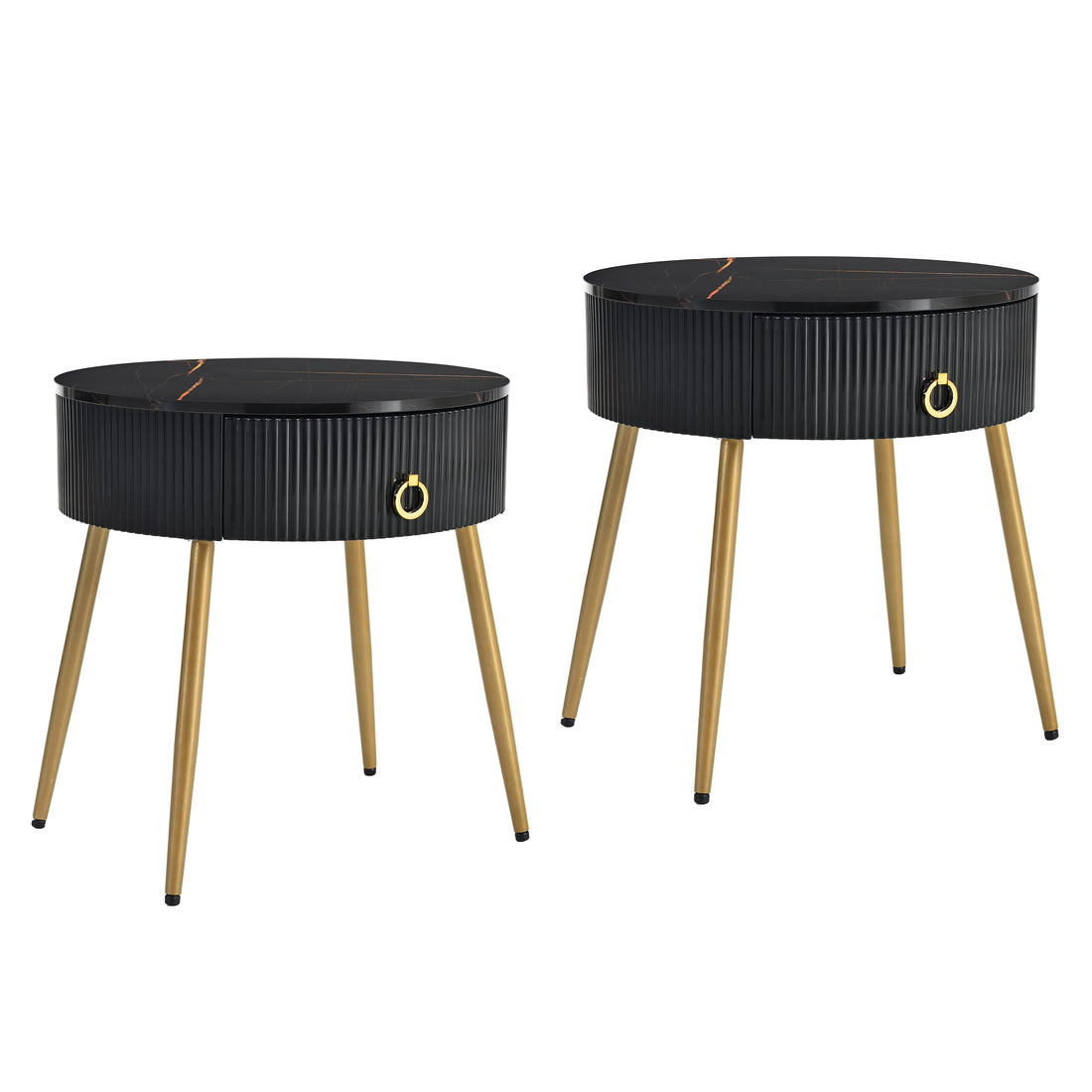 19.6'' Easy Assembly End Tables With High Gloss Faux Marble Tabletops, Set Of 2, Modern Fluted 2 Side Tables With Drawers, Round Coffee Tables With Golden Legs For Living Room, Black Black Gold Primary Living Space Drawers Round Mdf Iron