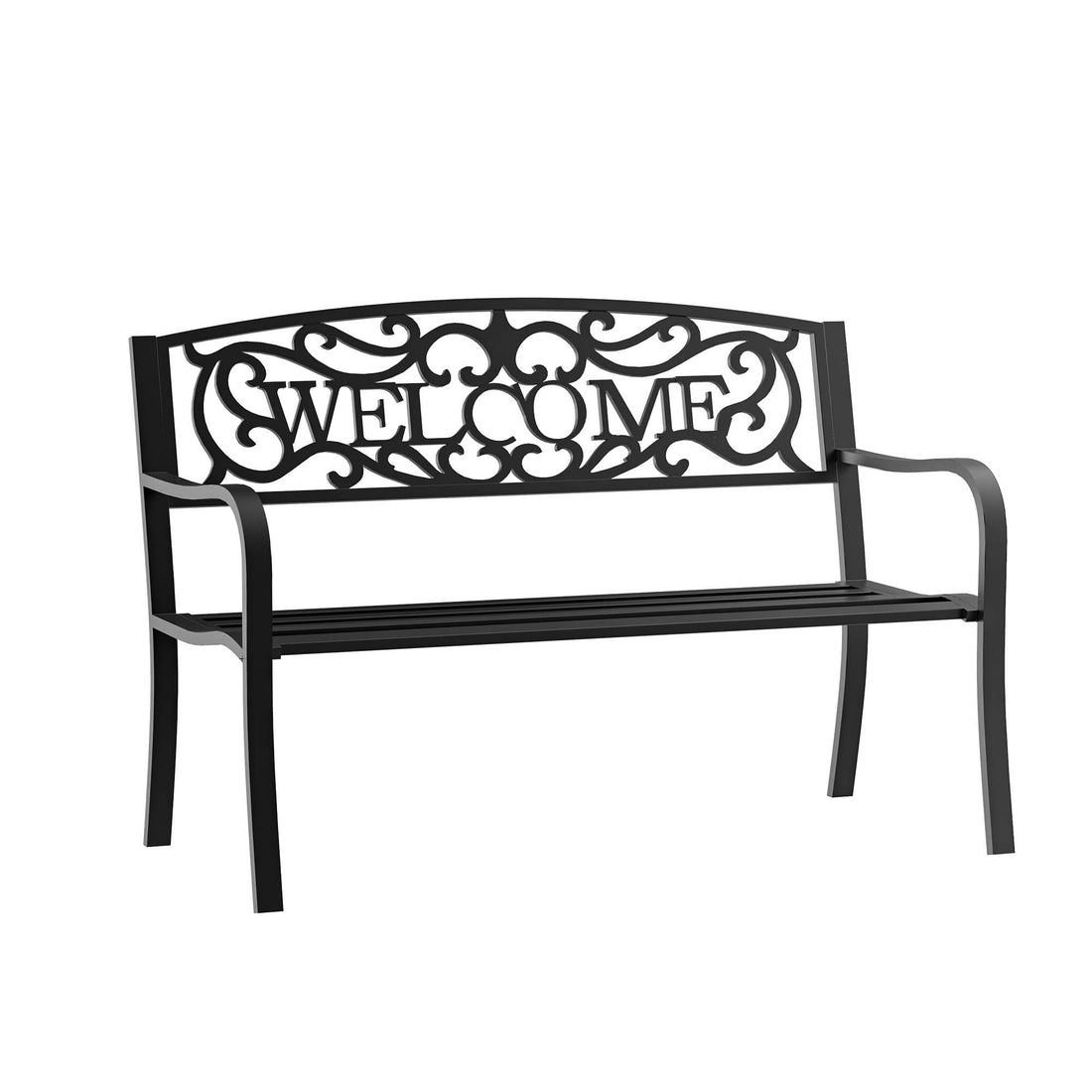 Outsunny 50" Outdoor Metal Welcome Bench, Garden Bench With Slatted Seat, Patio Bench For Park, Porch, Yard, Entryway, Black Black Iron