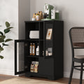 Wooden Floor Cabinet With 2 Glass Doors And 2 Storage Space,Black ,Living Room Bathroom Entryway Black Mdf