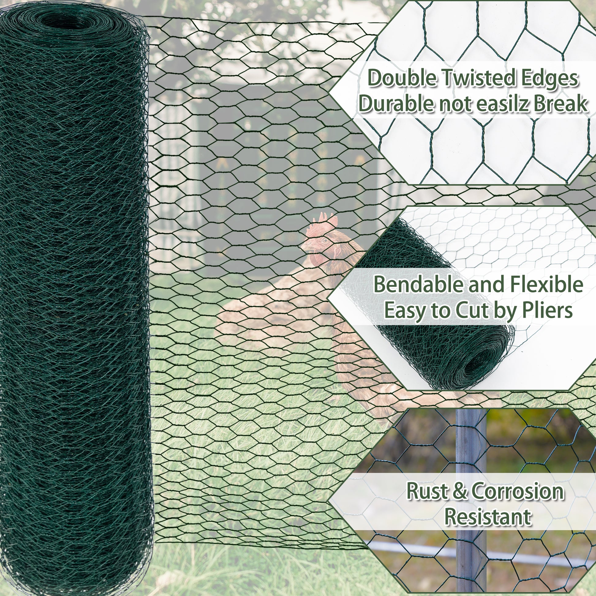 Large Size Galvanized Hexagonal Floral Green Chicken Wire, Outdoor Anti Rust Chicken Wire Poultry Netting For Garden, Large Chicken Coop Wire Fencing Green Iron