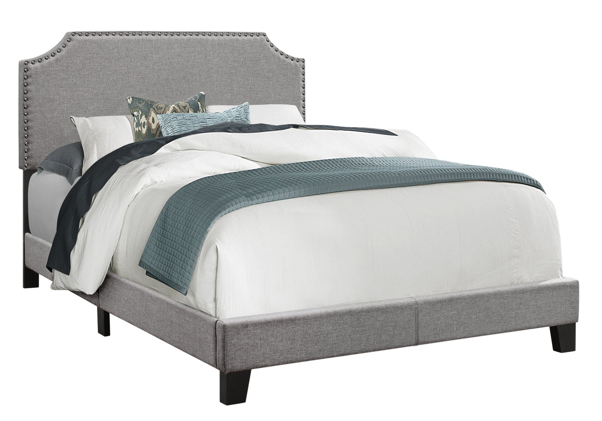 Bed, Full Size, Bedroom, Upholstered, Grey Linen Look, Chrome Trim, Transitional Grey Foam Linen