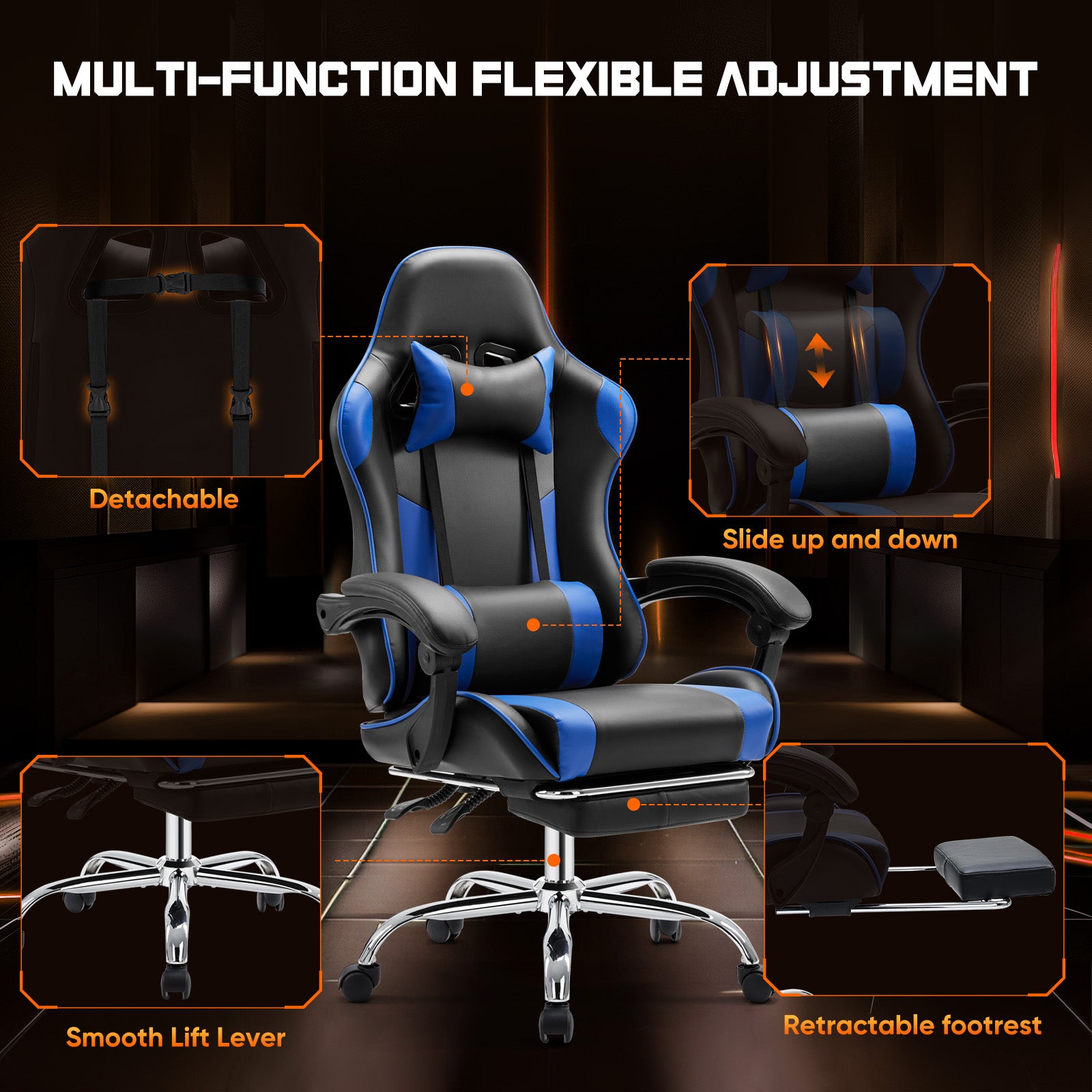 Video Game Desk Chair Ergonomic Computer With Footrest And Comfy Lumbar Support, Pu Leather Recliner With Headrest, Fixed Up Armrest, Height Adjustable With 360 Swivel, For Adults, Blue Black Blue Faux Leather