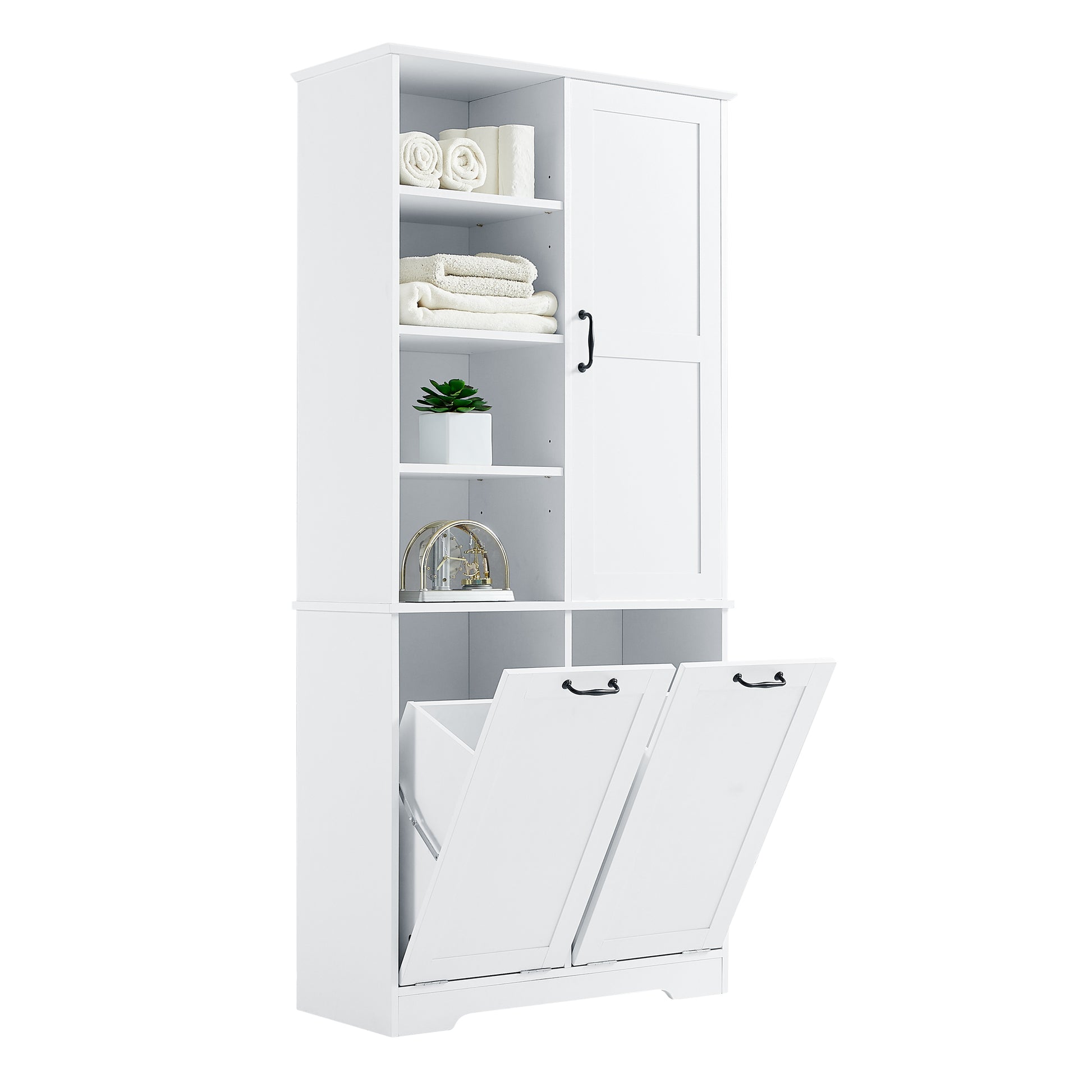 Bathroom Storage Cabinet With Doors And Drawers, Tilt Out Laundry Hamper, Multiple Storage Space, Freestanding Style, Open Shelve, Adjustable Shelf, White White Mdf