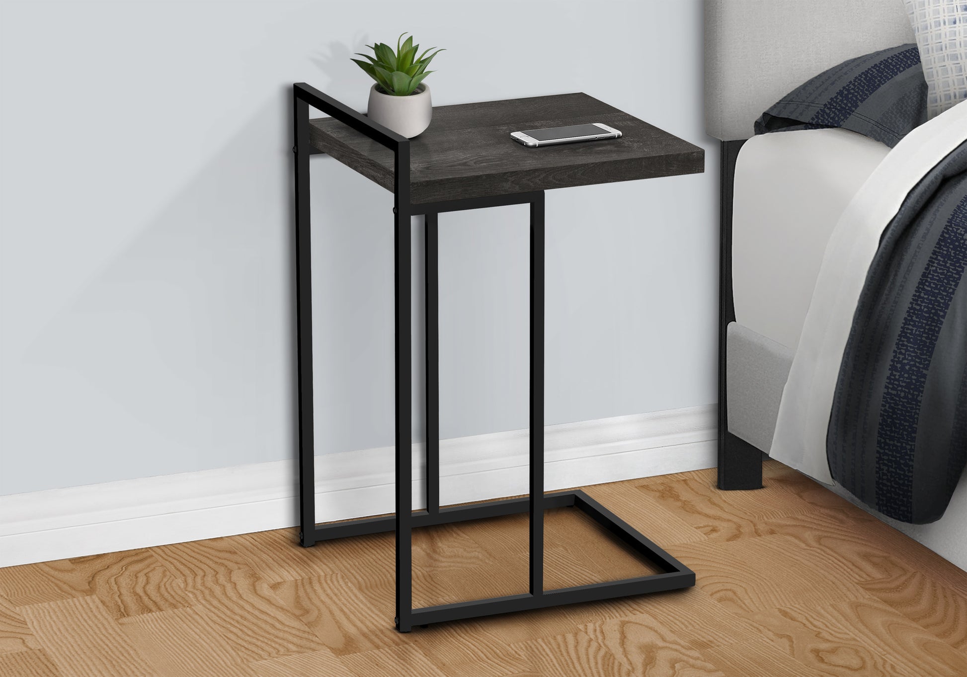 Accent Table, C Shaped, End, Side, Snack, Living Room, Bedroom, Black Laminate, Black Metal, Contemporary, Modern Black Particle Board