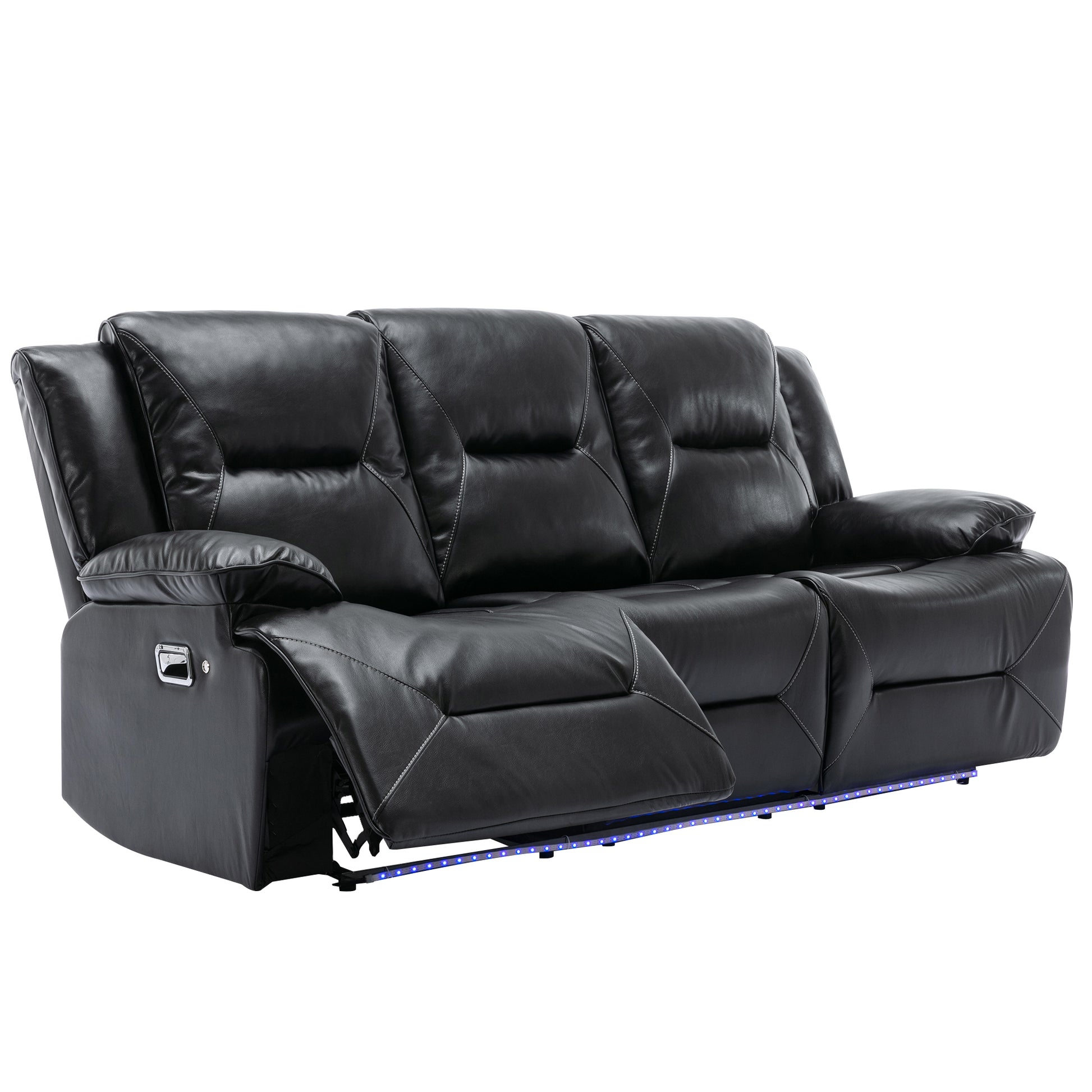 3 Seater Home Theater Recliner Manual Recliner Chair With A Led Light Strip Two Built In Cup Holders For Living Room,Bedroom, Black Black Foam Pu