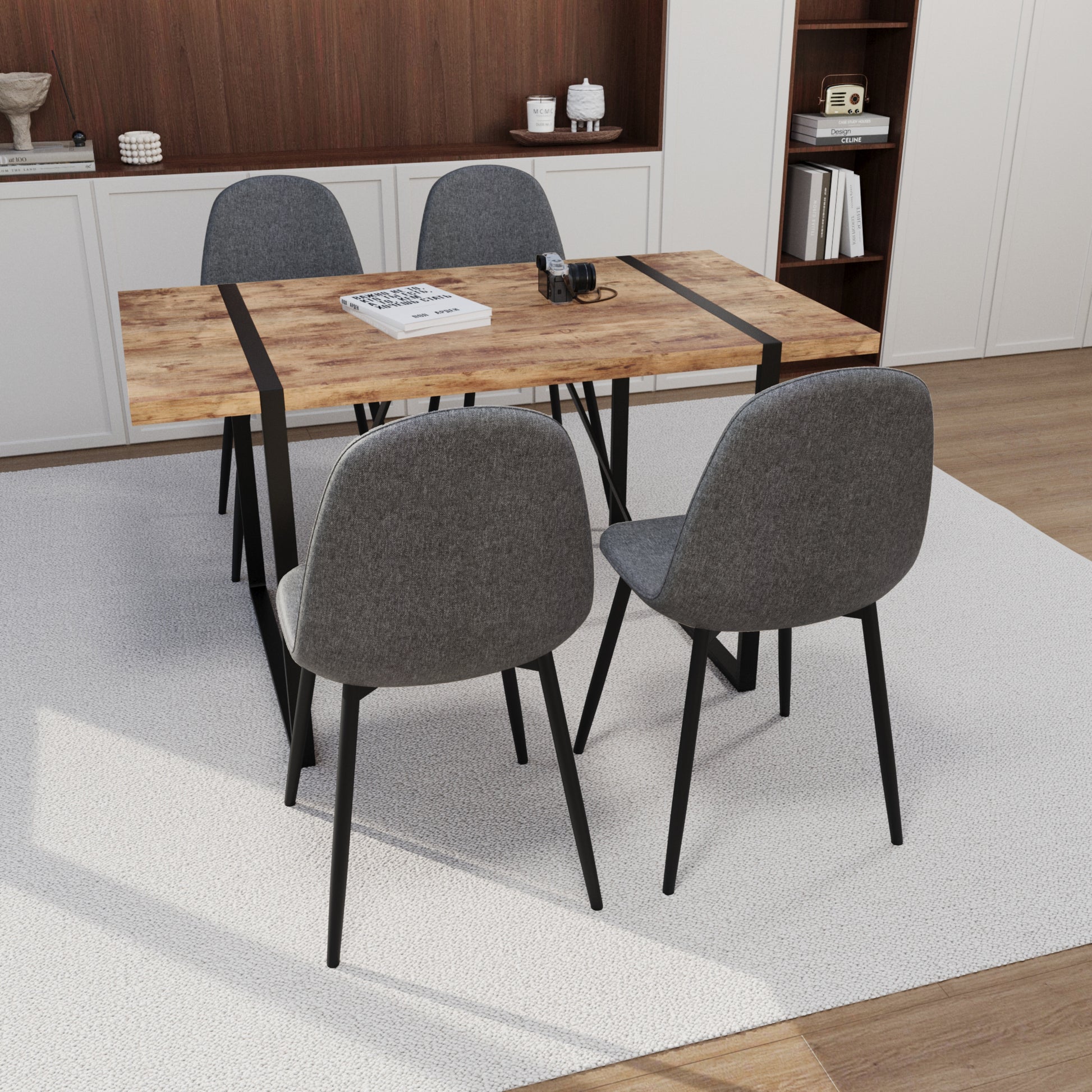 55" Mdf Dark Wood Dining Table And Modern Dining Chair Set Of 4 Pieces, Medieval Wooden Kitchen Dining Table Set, Black Rectangular Metal Base, Dining Table And Suede Chair Set Grey Brown Mdf