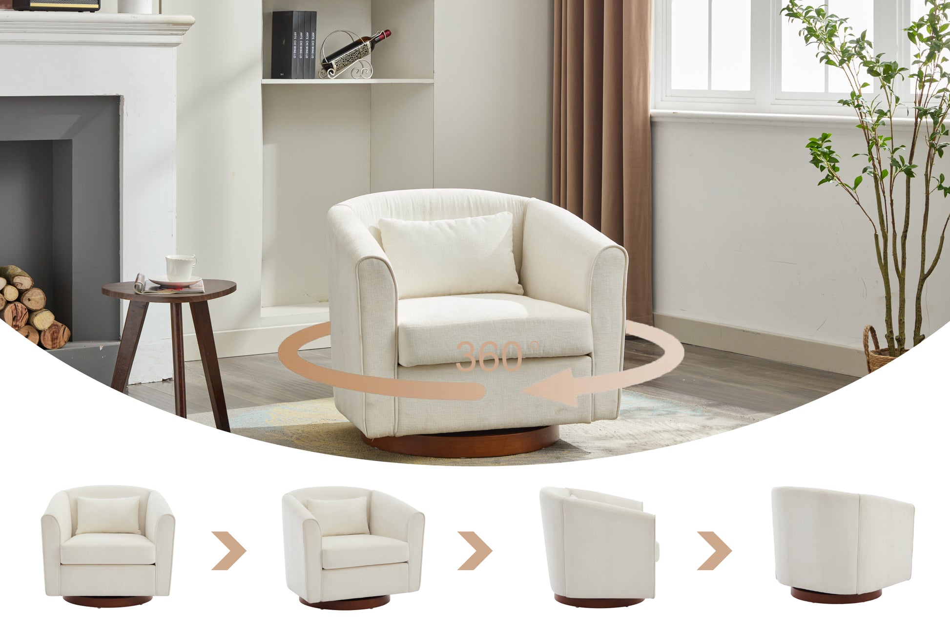 Swivel Accent Chair For Living Room, Sofa Chairs With Wood Base Side, Comfy Swivel Accent Chair With Wide Upholstered, For Living Room White Foam Chenille