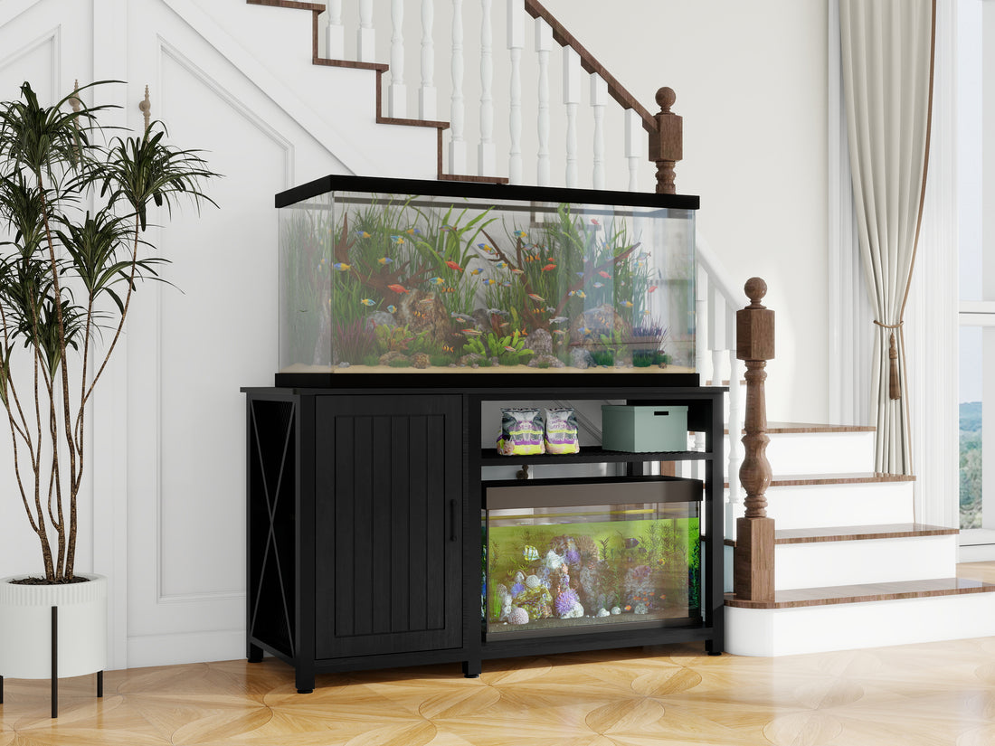 Heavy Duty 55 75 Gallon Aquarium Stand With Power Outlets, Cabinet For Fish Tank Accessories Storage Metal Fish Tank Stand Suitable For Fish Tank, Turtle Tank, 880Lbs Capacity, Black 1 2 Shelves Black Adjustable Shelves Particle Board