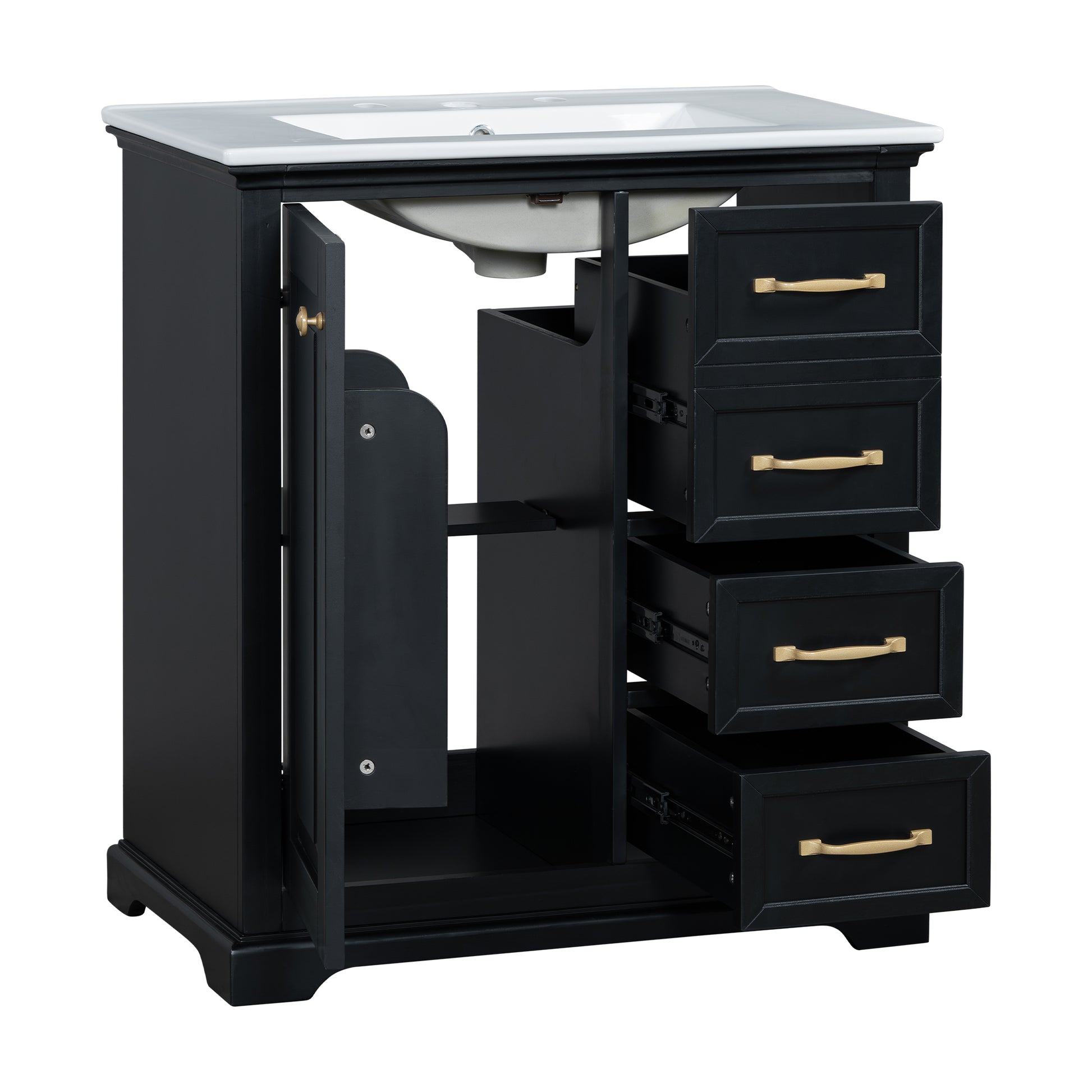 30" Bathroom Vanity With Sink, One Package, Black Bathroom Cabinet With Drawers, Solid Frame And Mdf Board Black Solid Wood Mdf