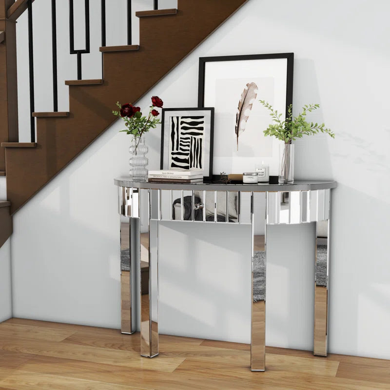 Mirrored Half Moon Console Table, Hd Glass Entryway Table With 1 Drawer, 39" Silver Console Table For Hallway, Living Room, Mirror Finished Silver Mirrored Finish Primary Living Space Art