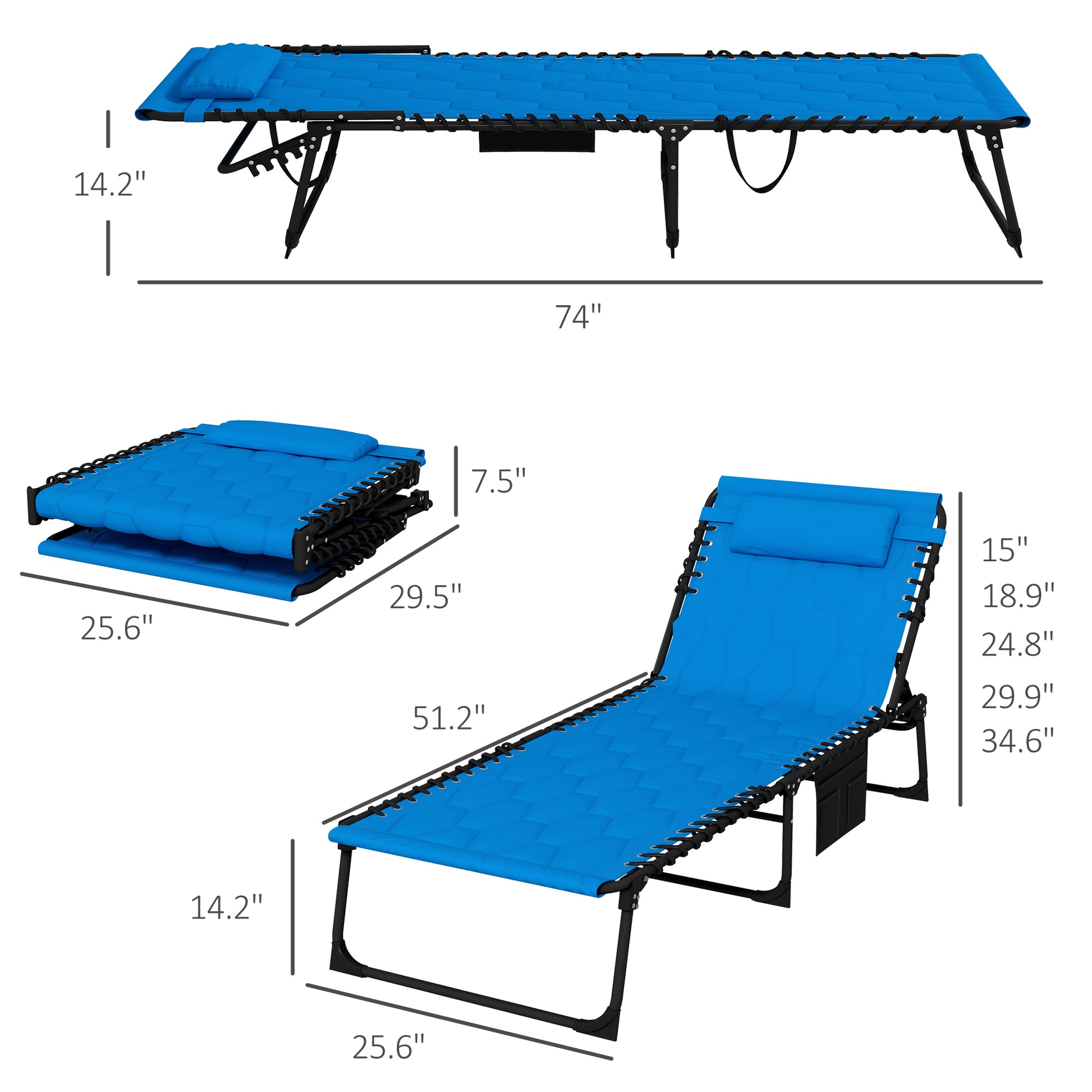 Outsunny Folding Chaise Lounge Set With 5 Level Reclining Back, Outdoor Lounge Tanning Chair With Padded Seat, Side Pocket & Headrest For Beach, Yard, Patio, Blue Blue Steel