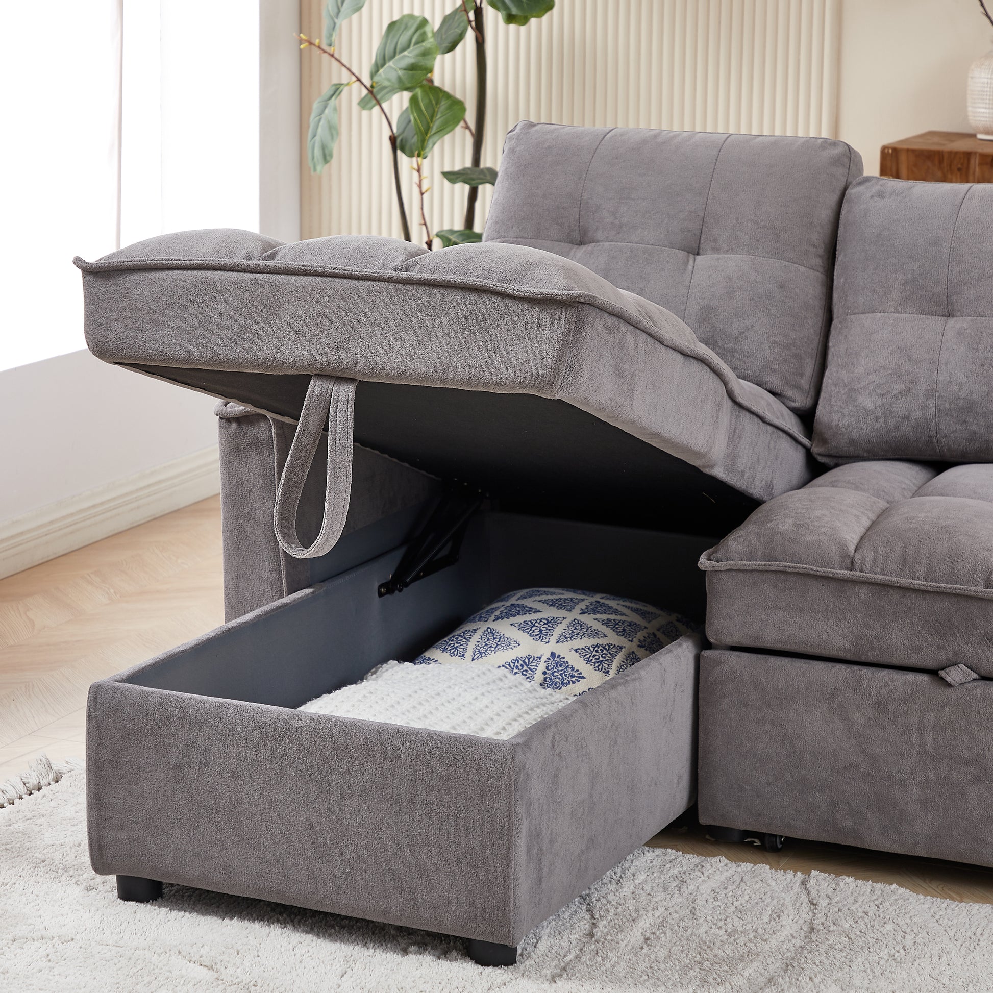 Mh 78.75" Reclining Sofa, Pull Out Sofa Bed With Usb And Tape C Charging Ports, L Shaped Sectional Sofa With Reclining Storage And Arm Side Organizer Pocket Features, Living Room Comfort Sofa Dark Grey Chenille Wood Primary Living Space Eucalyptus Foam