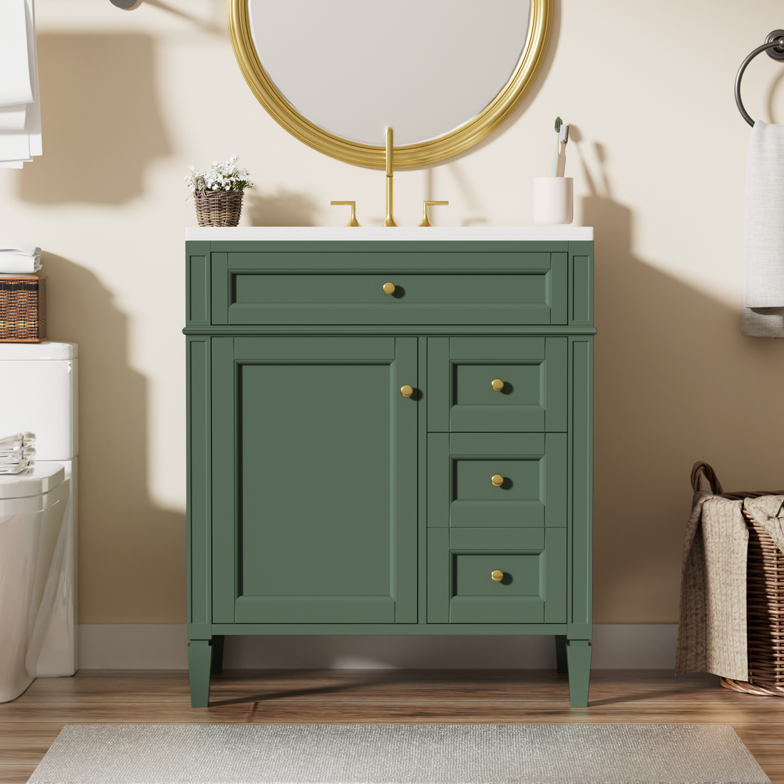 30'' Bathroom Vanity With Top Sink, Modern Bathroom Storage Cabinet With 2 Drawers And A Tip Out Drawer, Single Sink Bathroom Vanity 3 Green 1 2 Bathroom Freestanding Solid Wood Mdf Resin Painted