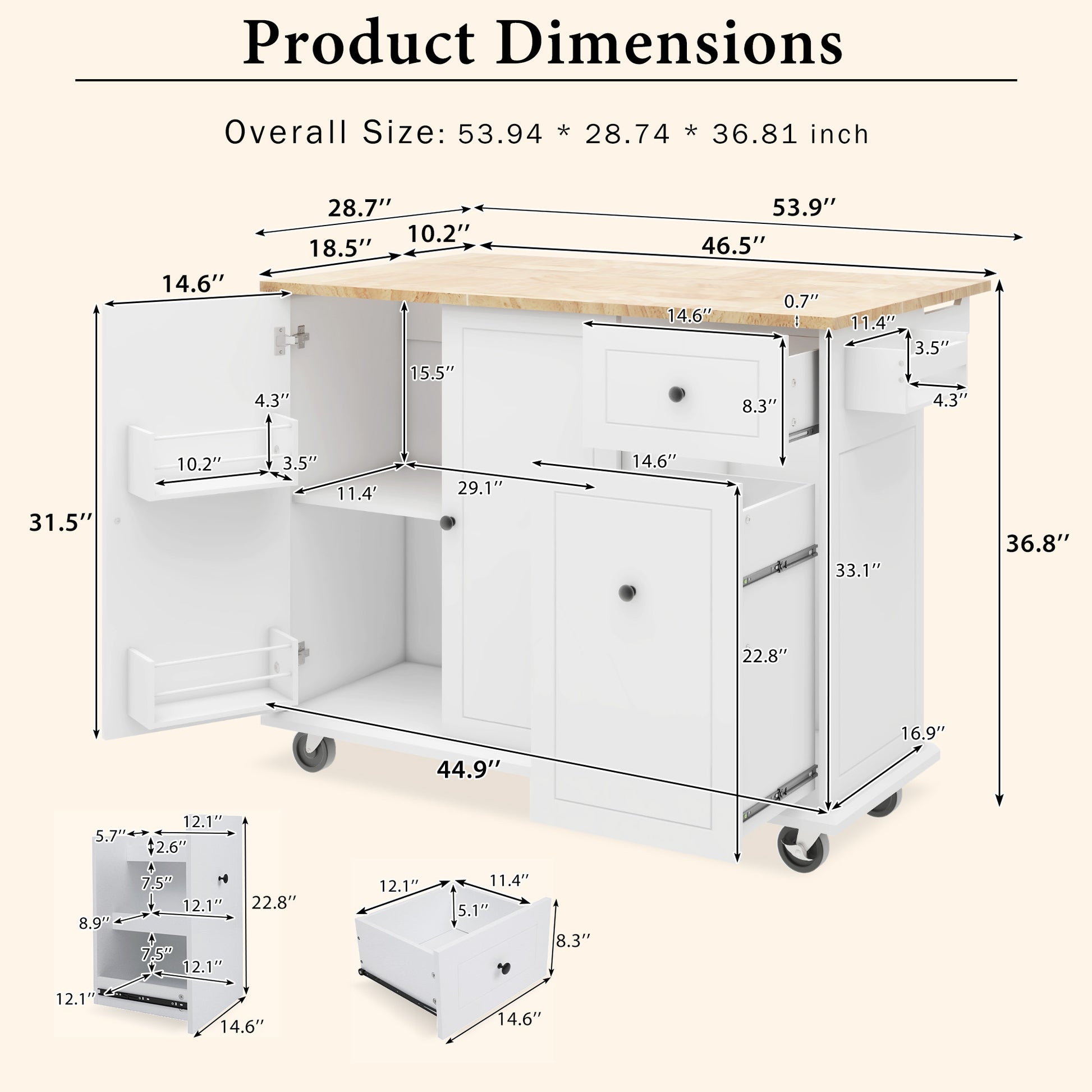 Kitchen Island With Drop Leaf, 53.9" Width Rolling Kitchen Cart On Wheels With Internal Storage Rack And 3 Tier Pull Out Cabinet Organizer, Kitchen Storage Cart With Spice Rack, Towel Rack White White Kitchen Classic,European,Modern Rectangular Kitchen