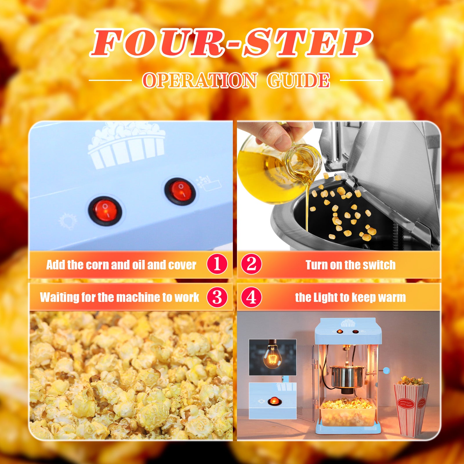 4Oz Tabletop Popcorn Machine Popcorn Popper Machine Pop Corn Machine Popcorn Maker With Stainless Steel Kettle, Measuring Tool And Popcorn Scoop For Home, Family, Movie Night Blue Blue Plastic