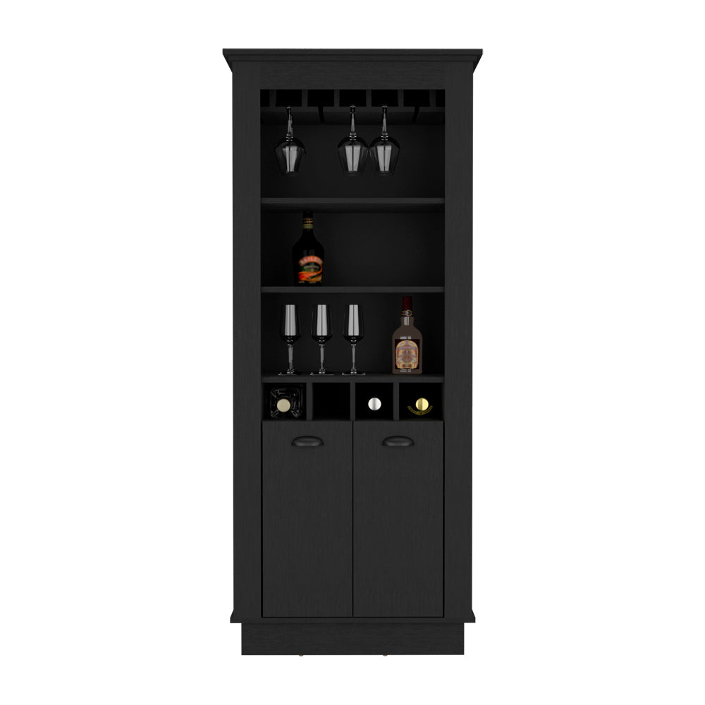 Lafayette Bar Cabinet With 4 Bottle Rack, Upper Glass Holder And Dual Door Design Black Primary Living Space Modern Shelves Included Particle Board