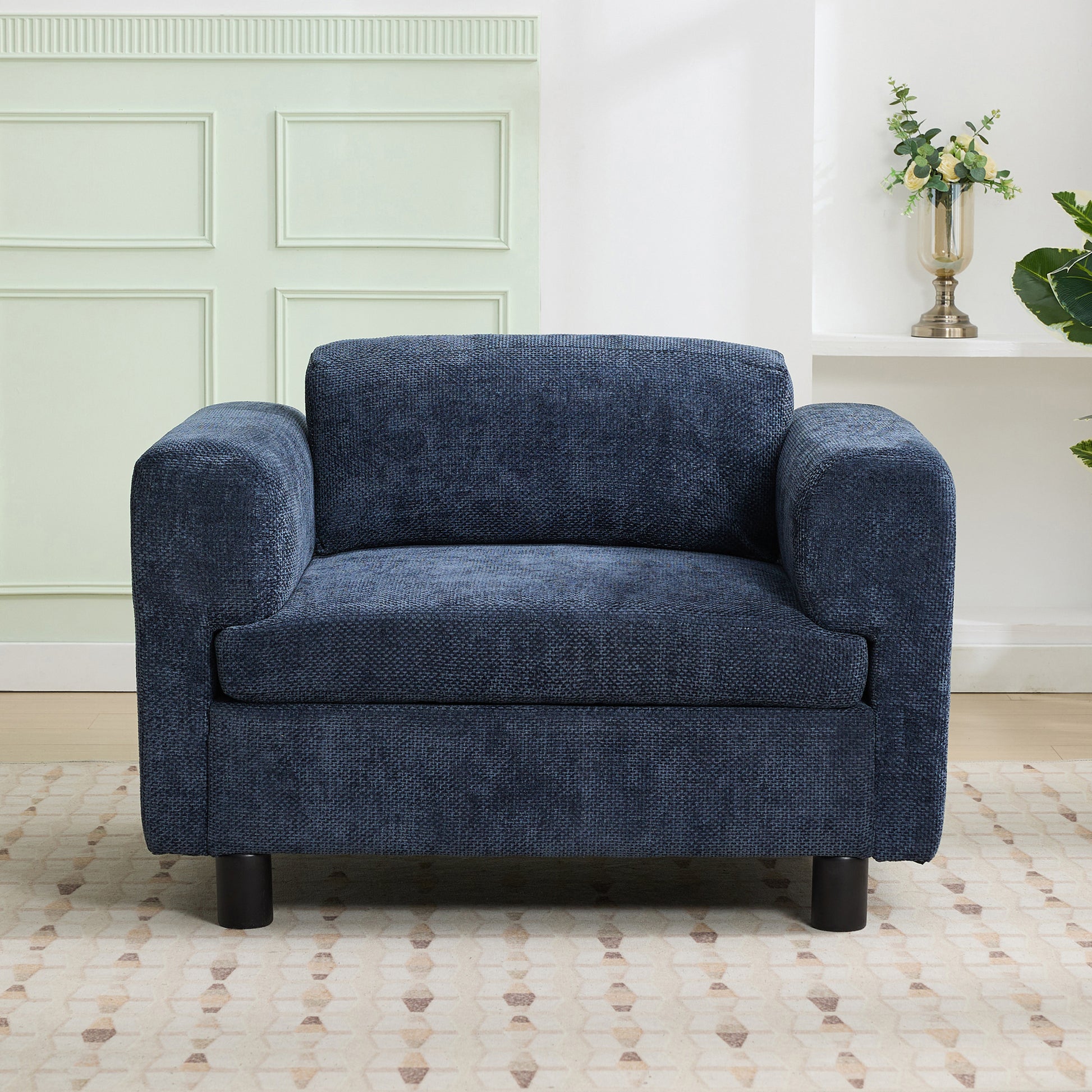 Modern Oversized Armchair Comfy Accent Chair Single Sofa For Living Room Bedroom Office Apartment, Woven Velvet Fabric, Blue Blue Wood