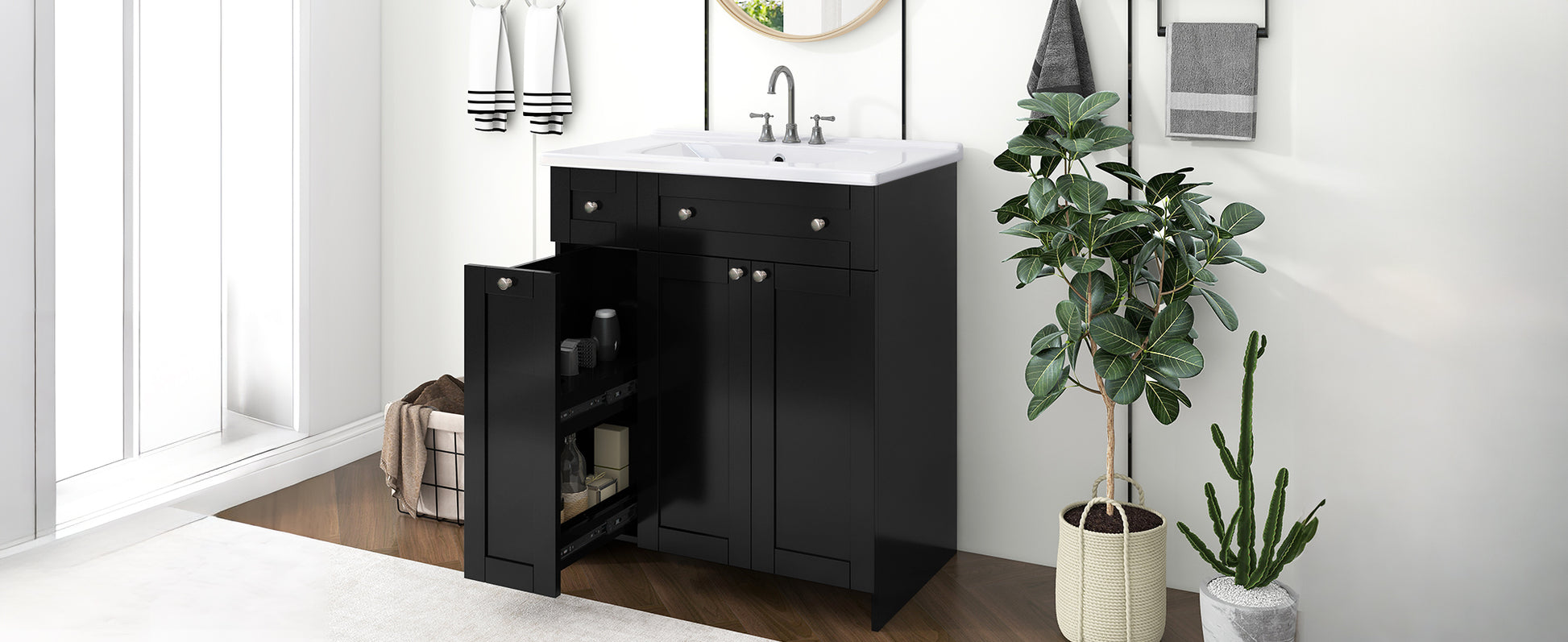 30 Inch Black Bathroom Vanity With Ceramic Sink Combo, Abundant Storage Cabinet 2 Soft Close Doors And Double Tier Deep Drawer Black Bathroom Mdf