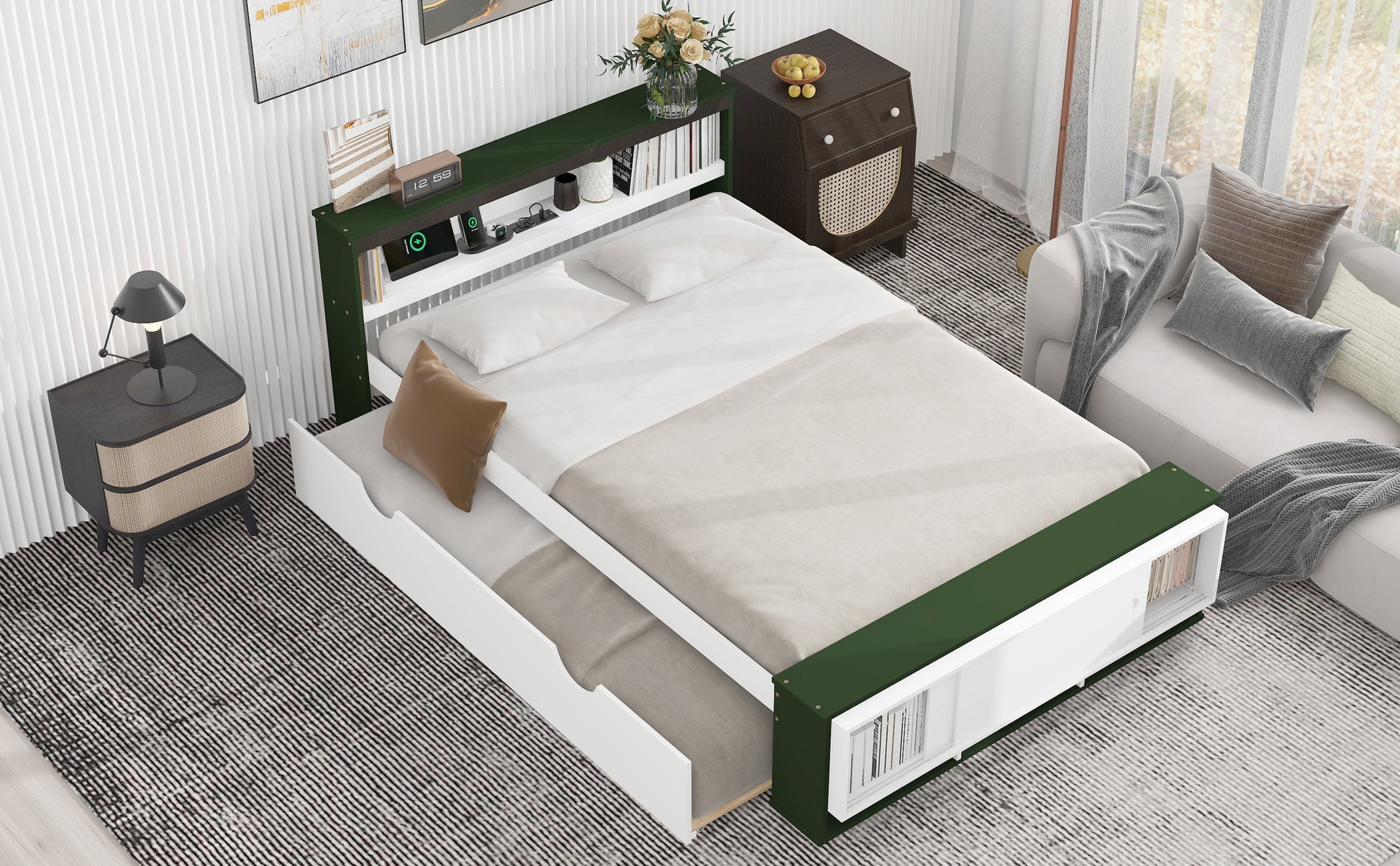 Full Size Platform Bed With Trundle,Storage Headboard And Footboard, Usb Charging Design,White Green Full White Green Solid Wood Mdf