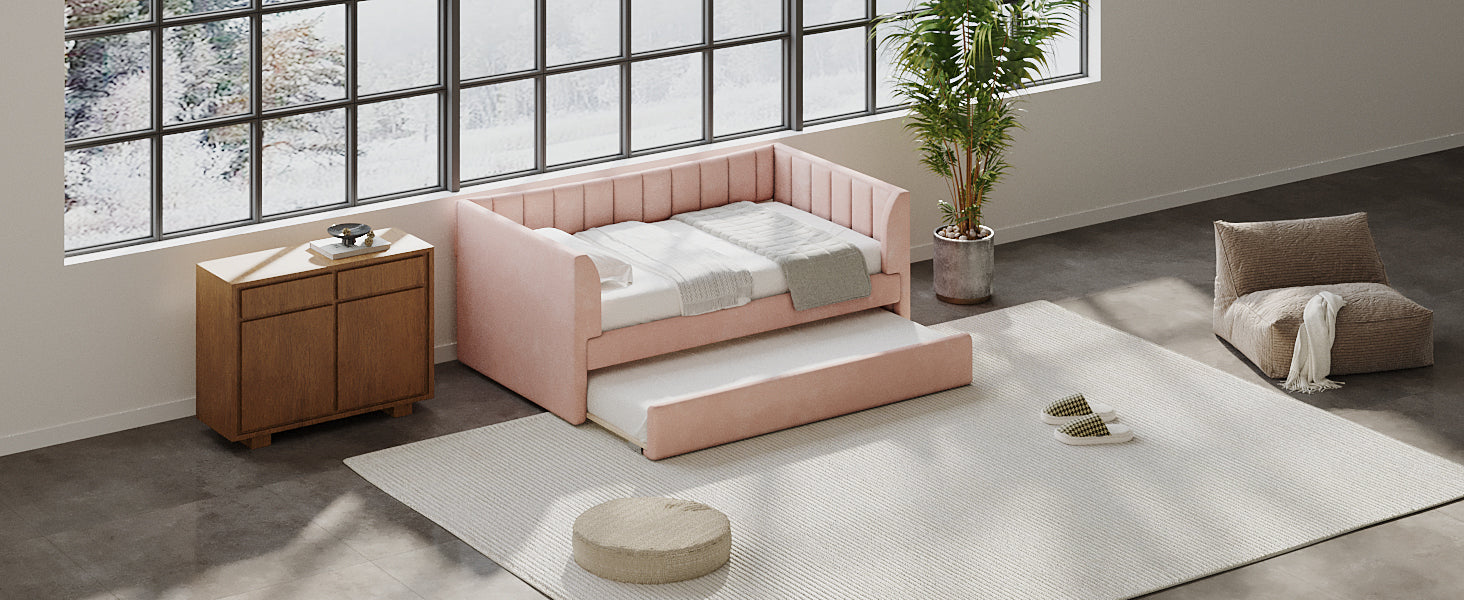 Twin Size Upholstered Velvet Daybed With Trundle, Pink Box Spring Not Required Twin Pink Wood Bedroom Bed Frame Velvet Upholstered