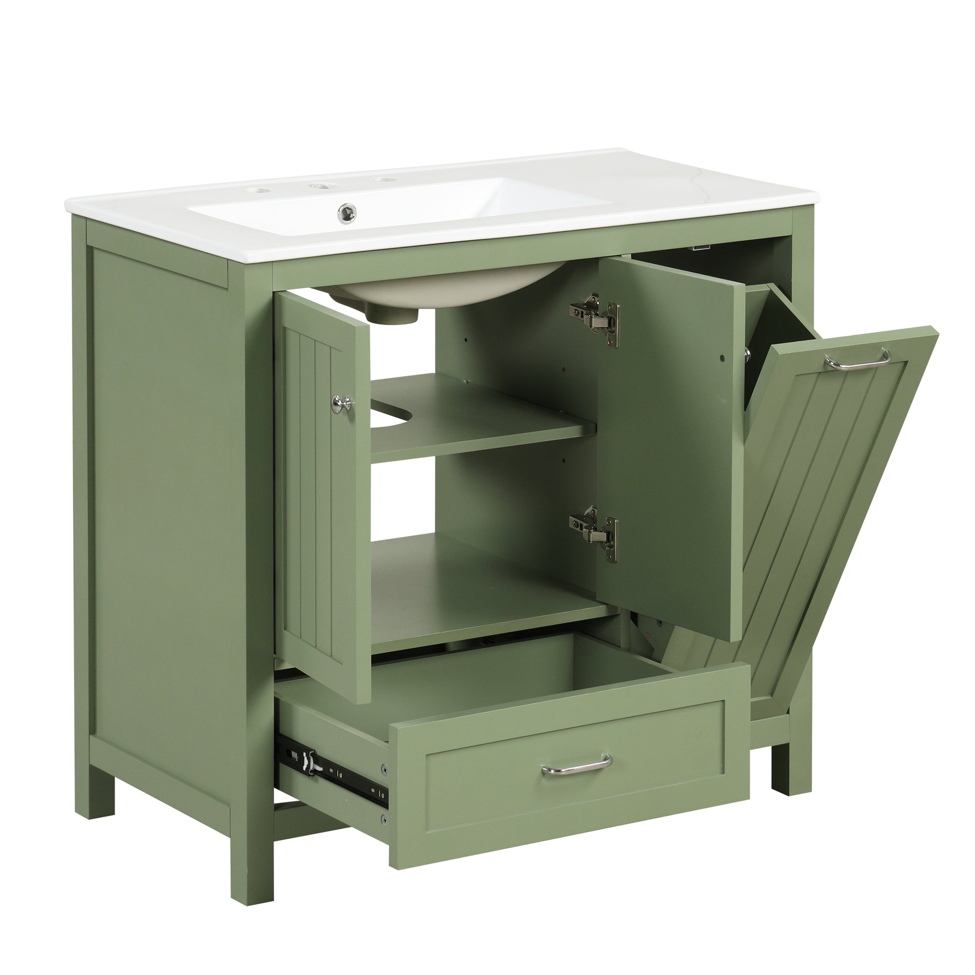 36" Bathroom Vanity With Sink, One Cabinet With Two Doors And One Big Drawer And One Flip Drawer, Solid Wood And Mdf Board, Green Green Solid Wood Mdf