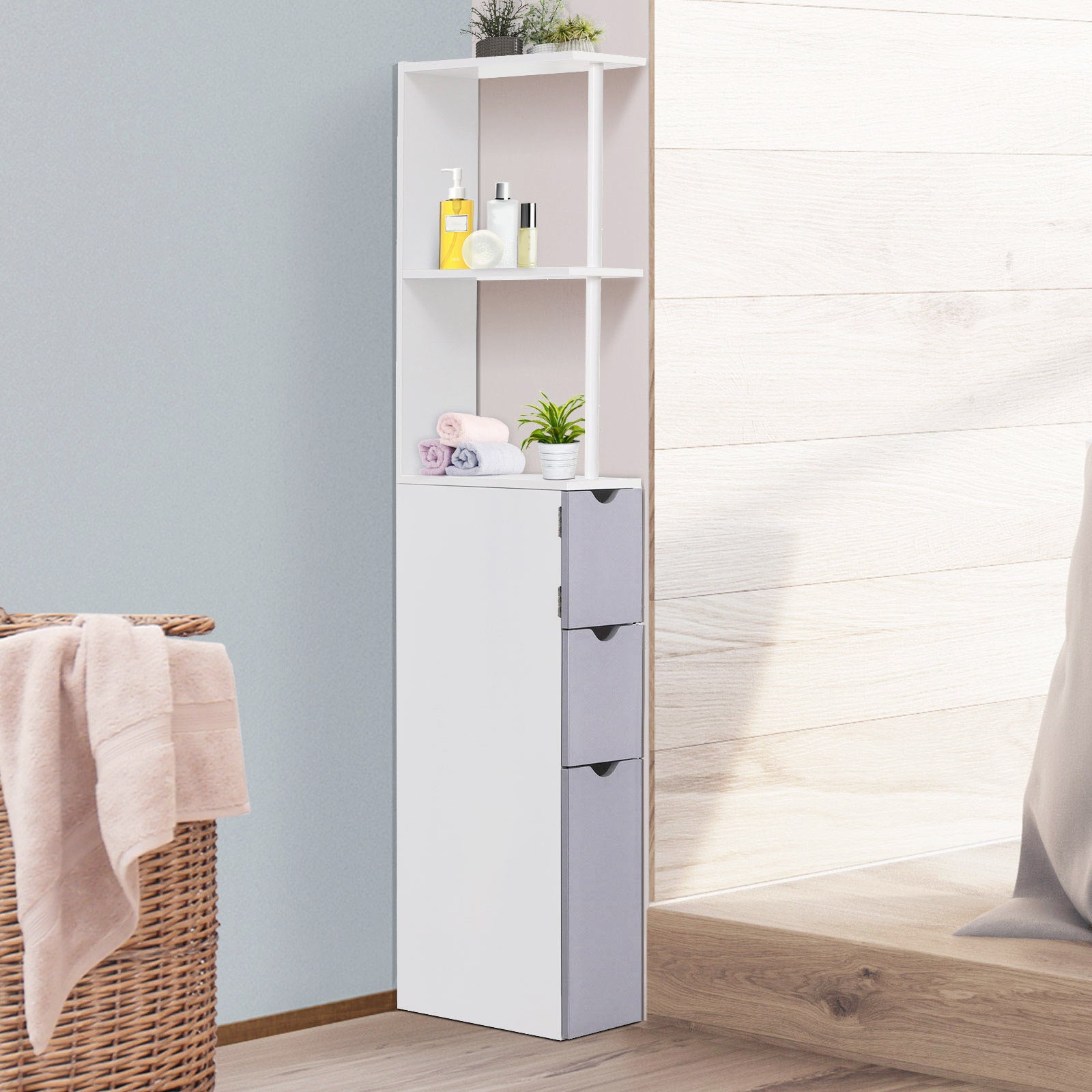 Homcom 54" Tall Bathroom Storage Cabinet, Freestanding Linen Tower With 2 Tier Shelf And Drawers, Narrow Side Floor Organizer, White White Mdf