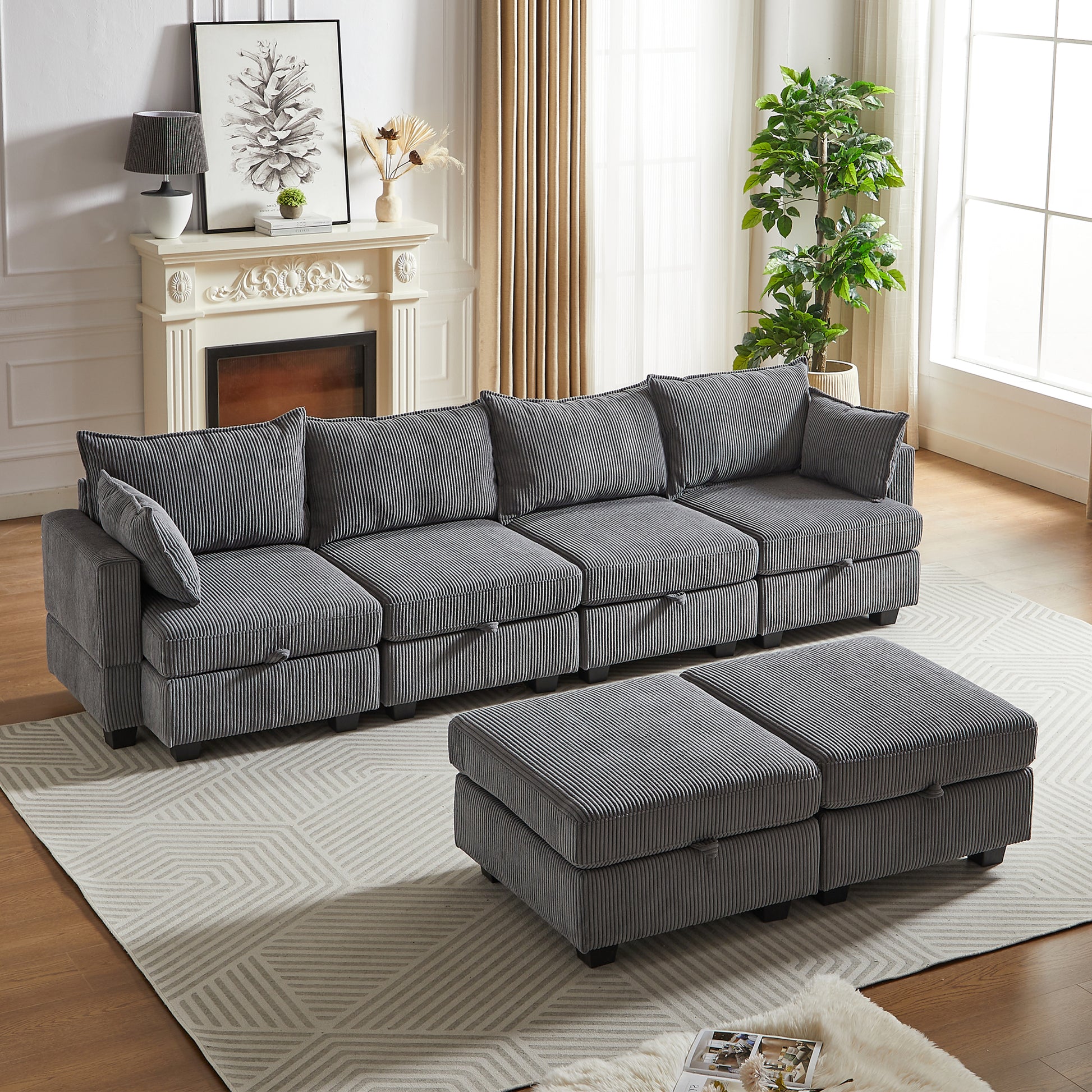 113.5'' Modular Sectiona Corduroy Sofa, Sectional Couches For Living Room U Shaped Sectional Couch With Storage Ottoman, 6 Seats Convertible Sectionals With Chaise Dark Gray Corduroy 6 Seat