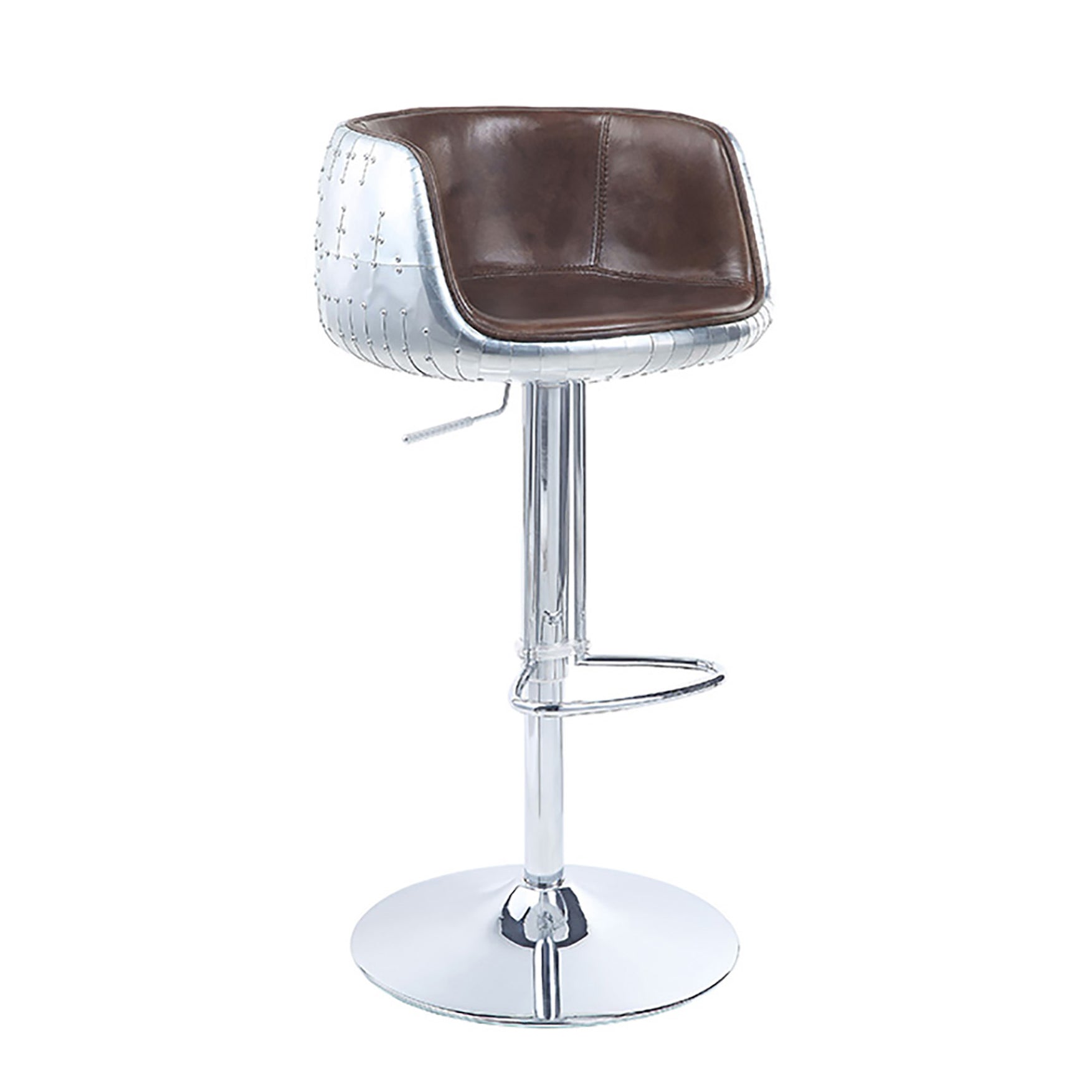 Vintage Brown And Aluminum Swivel Adjustable Stool Brown Dining Room Modern 1 Leather