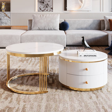 Modern 2 Pieces White Round Nesting Coffee Table With Drawers In 27.6'' Gold White Drawers Coffee & End Tables Glossy Round Metal Mdf Pedestal