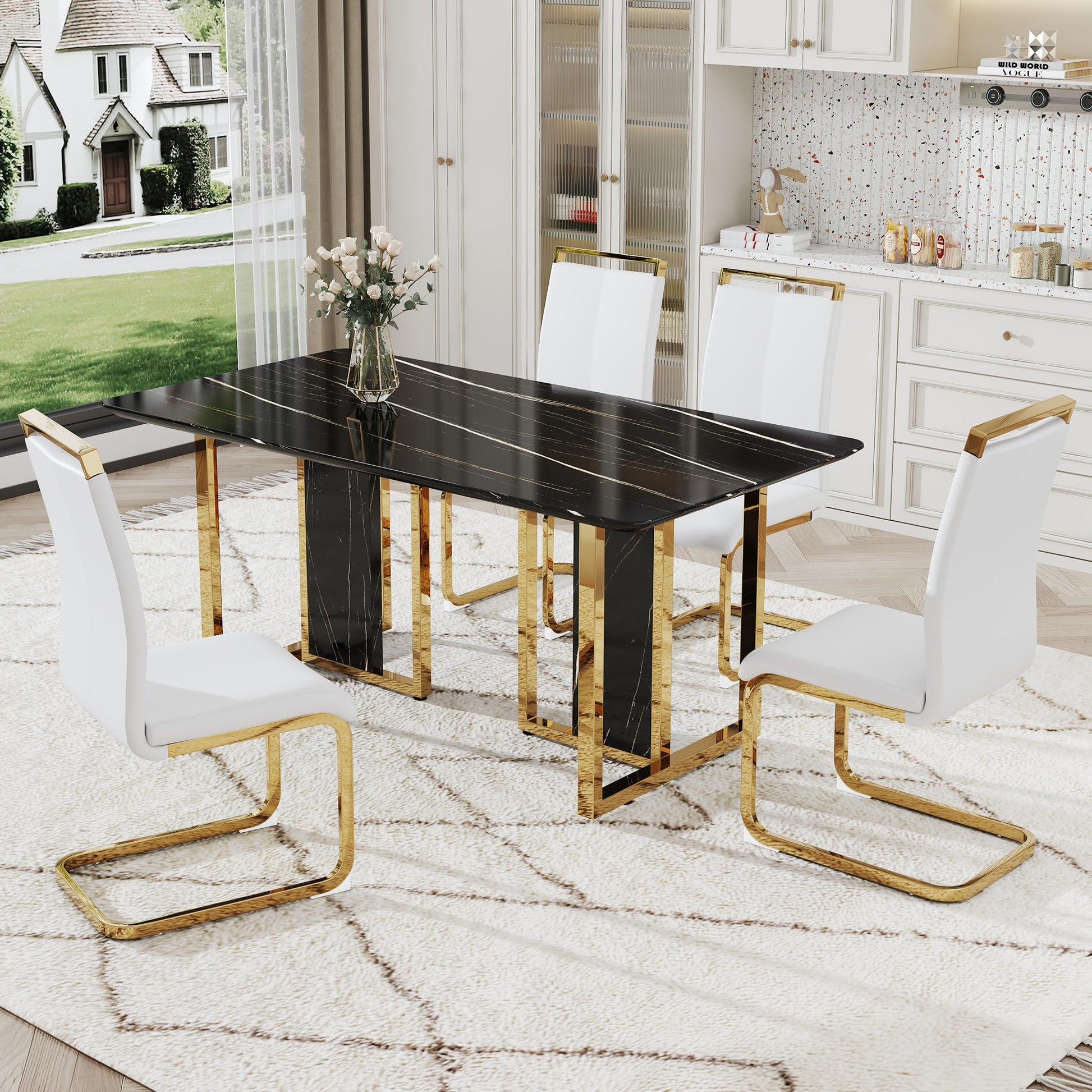 Table And Chair Set. Modern Dining Table With Mdf Top And Beautiful Mdf Legs. Equipped With Comfortable Pu Chairs And Metal Legs. Suitable For A Wide Range Of Decorative Styles. Black,White Seats 4 Mdf